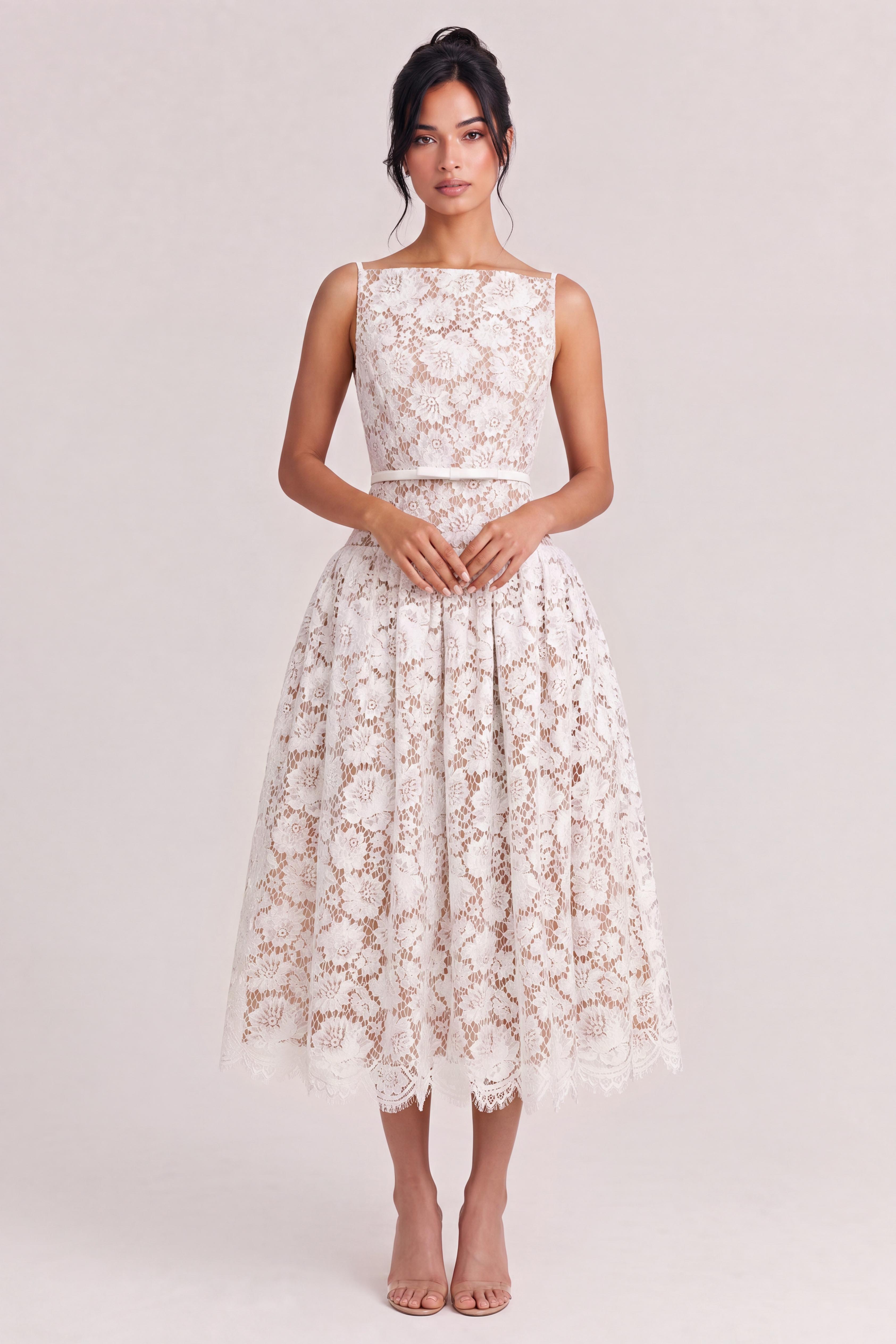 French Boat Neck Hollow Floral Lace Dress High Waist Satin Belt Umbrella Swing Date Light Wedding Dress