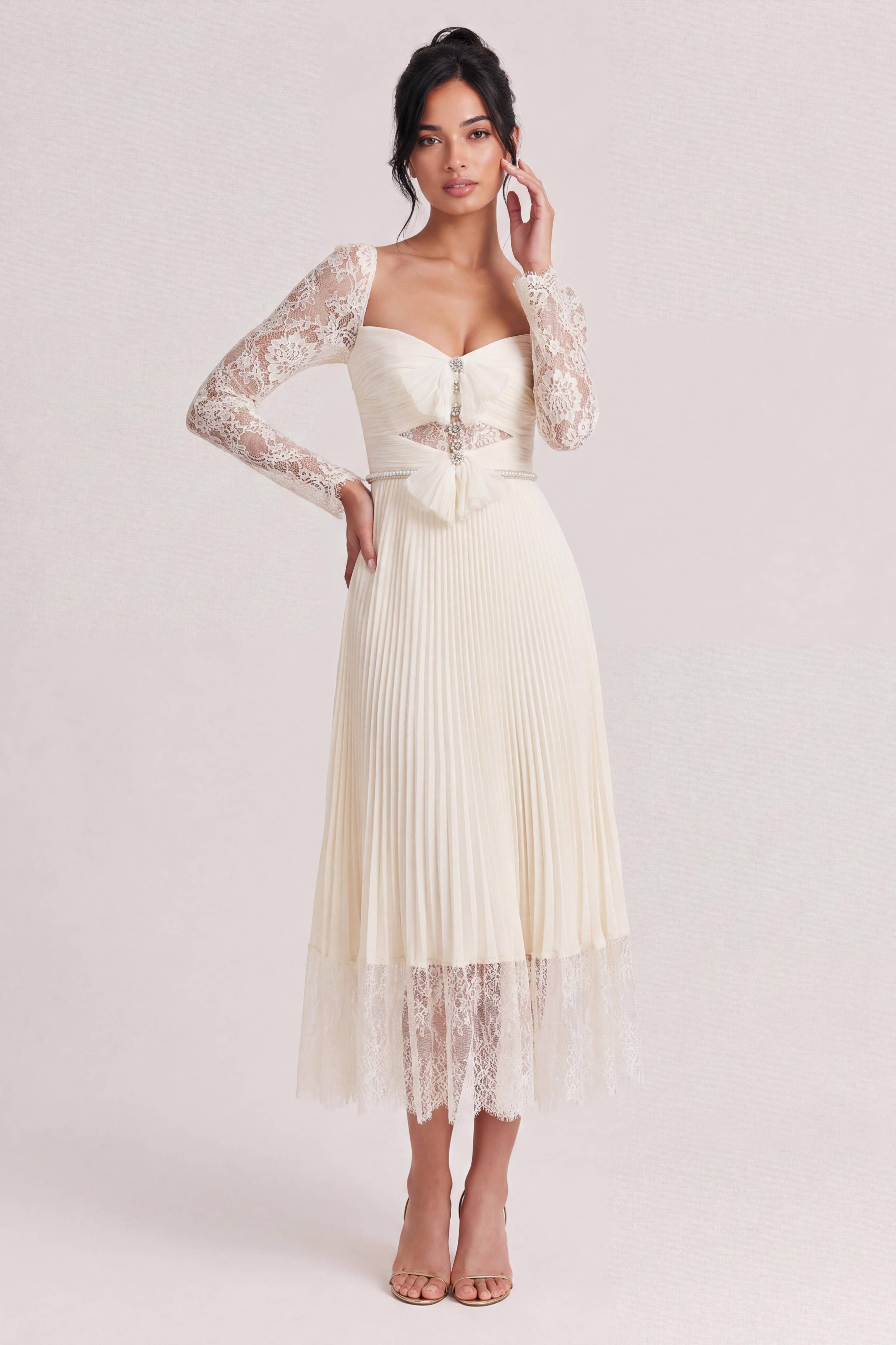Rice White Lace Long Sleeve Square Neck Cutout Bow Pleated Midi Dress