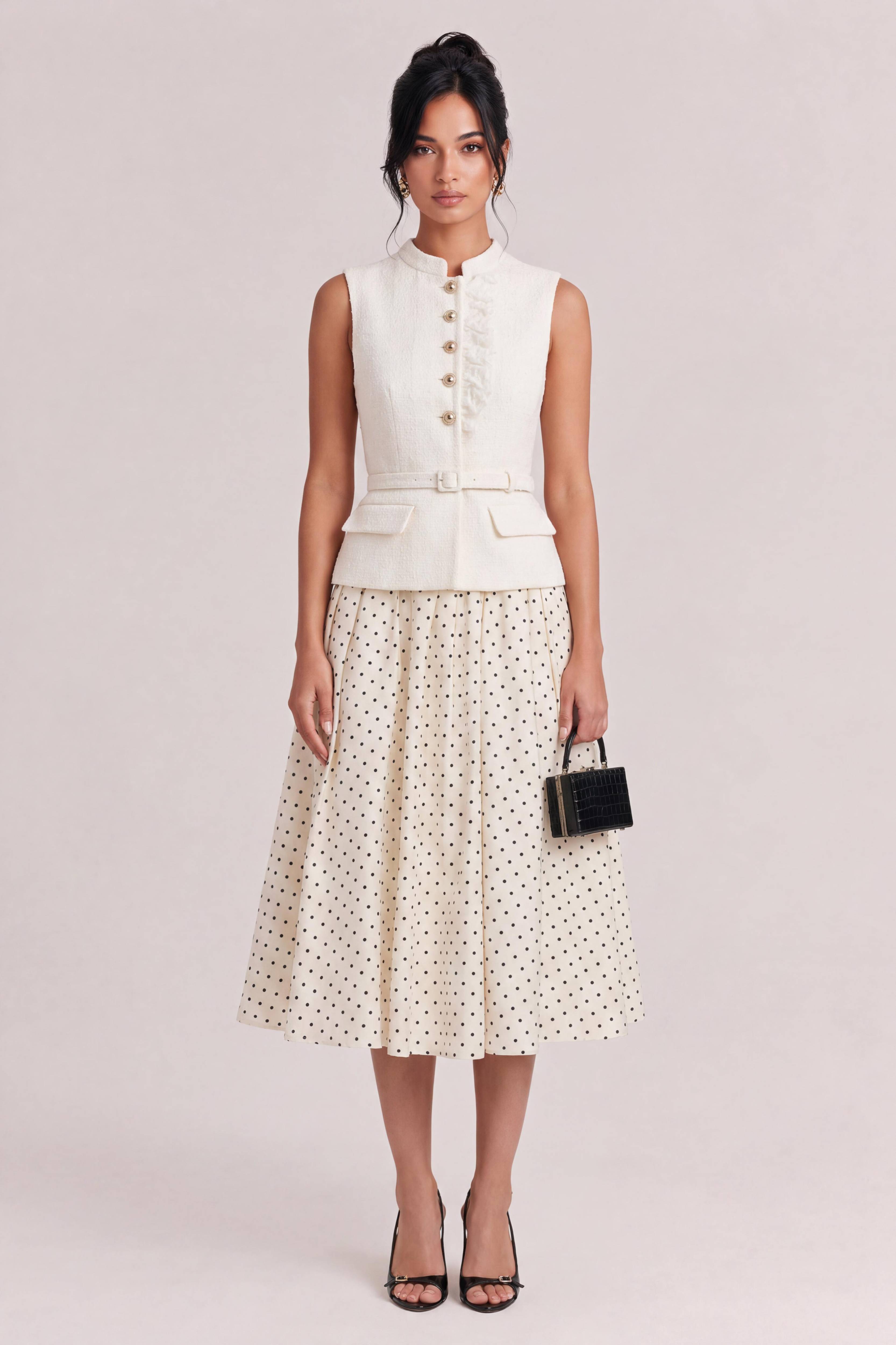 Chanel Style Sleeveless Collar Tight Waist Top Polo Dot Large Swing Dress