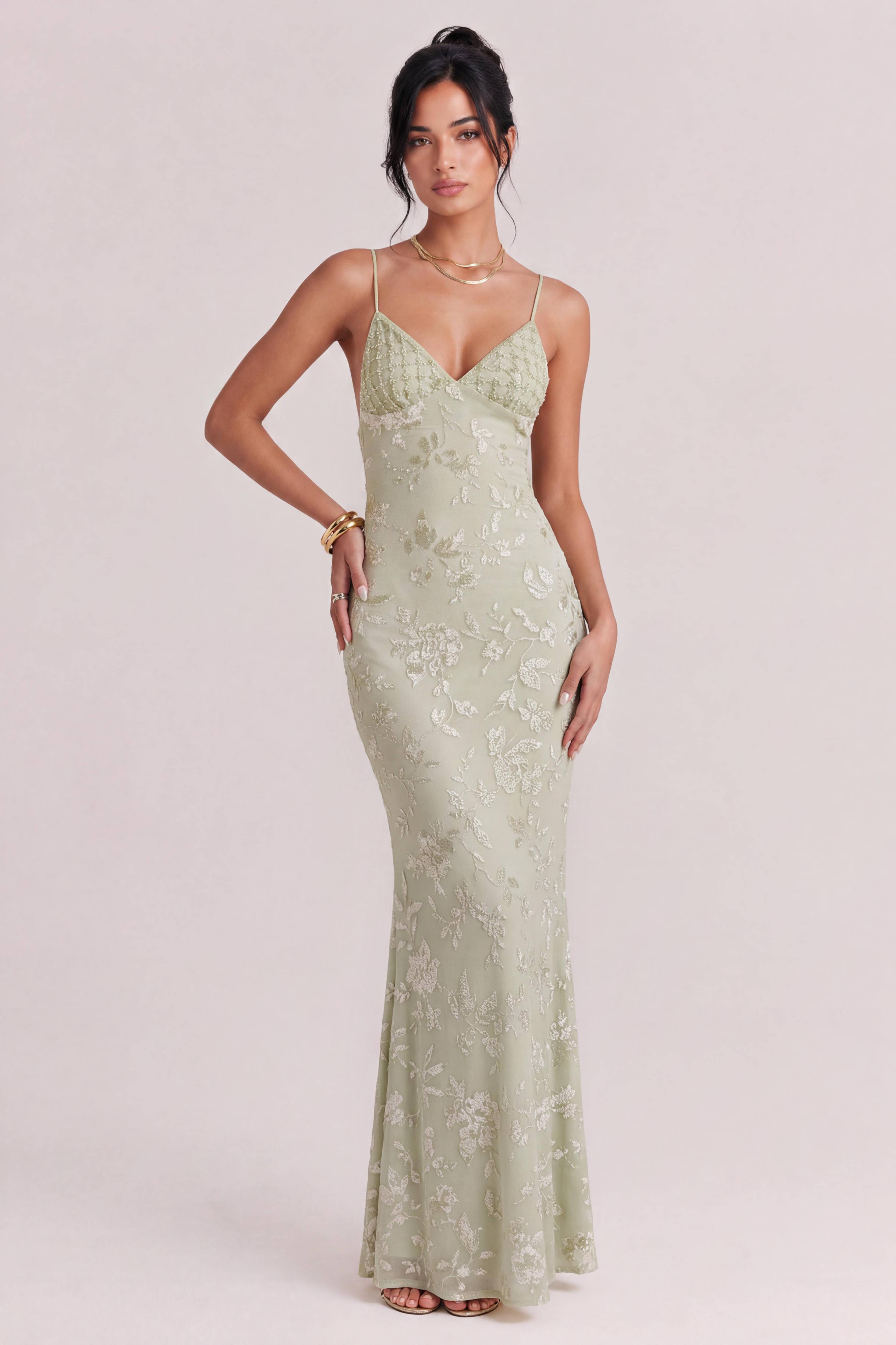 Light Green Flocking Floral Fine Sling V-neck Backless Slim-fit Fishtail Long Dress
