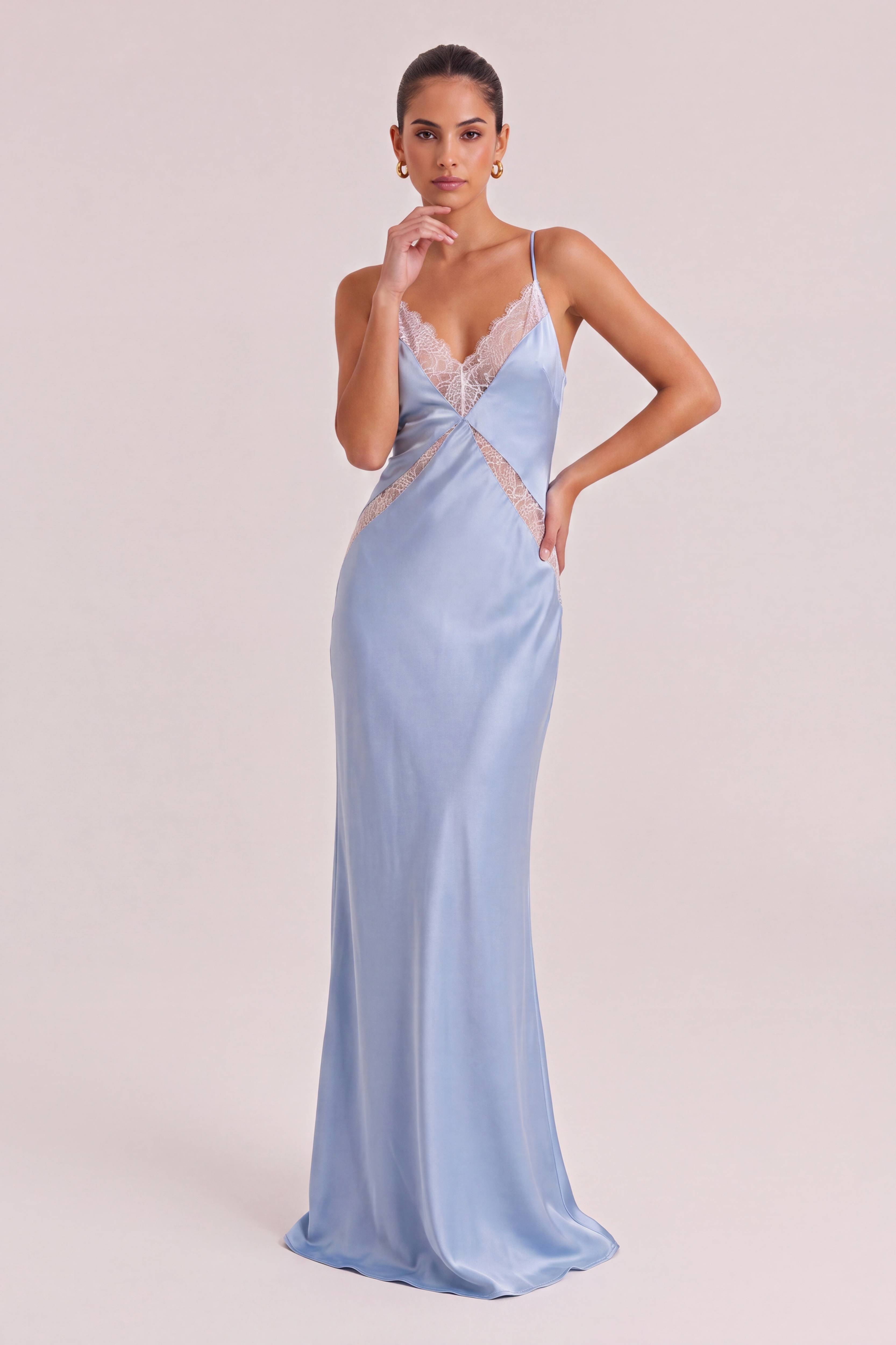 Light Blue Satin Lace V-neck Thin Strap Tight Waist High Split Slim-fit Long Dress