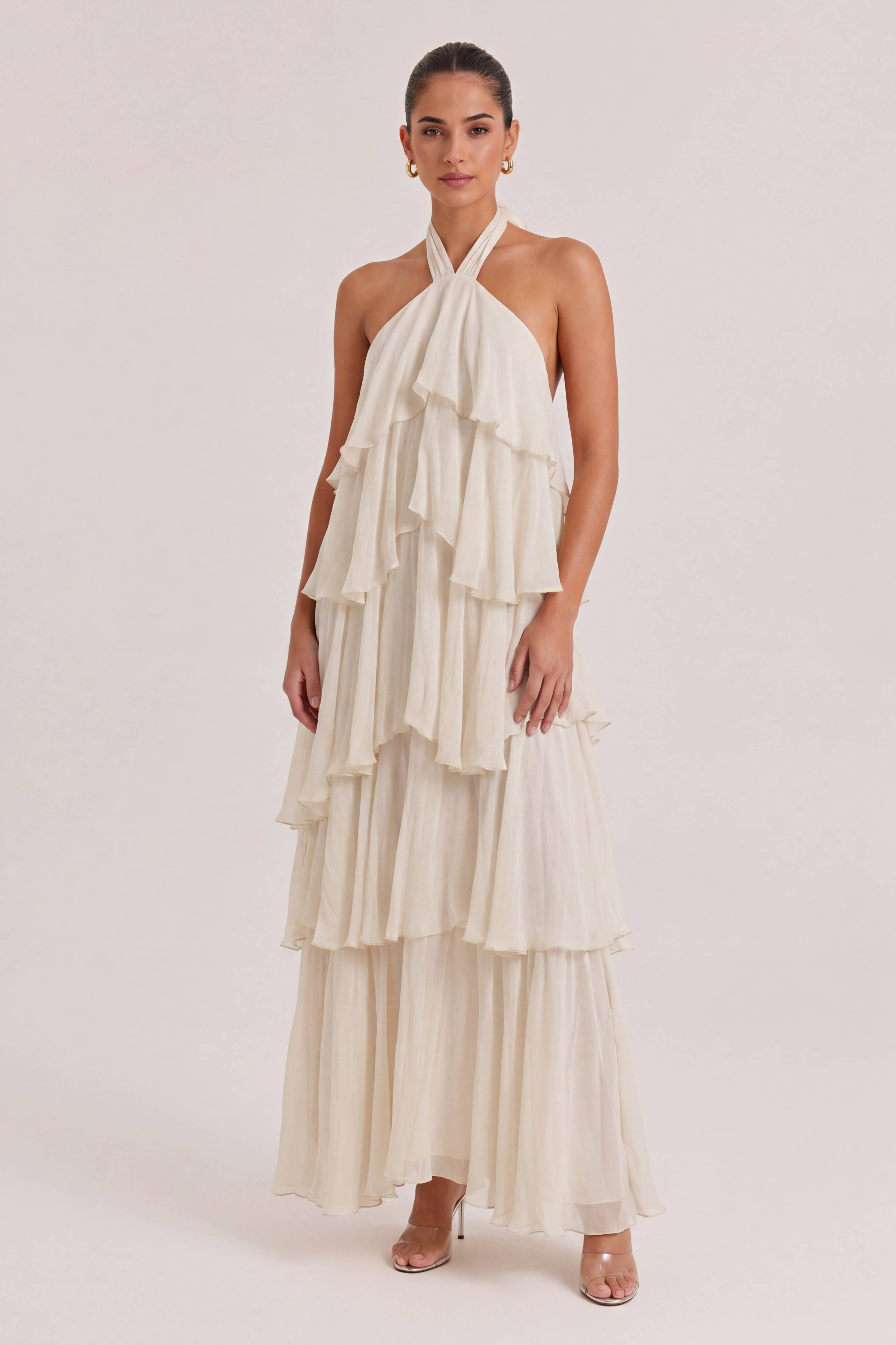 Elegant Halterneck Ruffled Tiered Maxi Dress