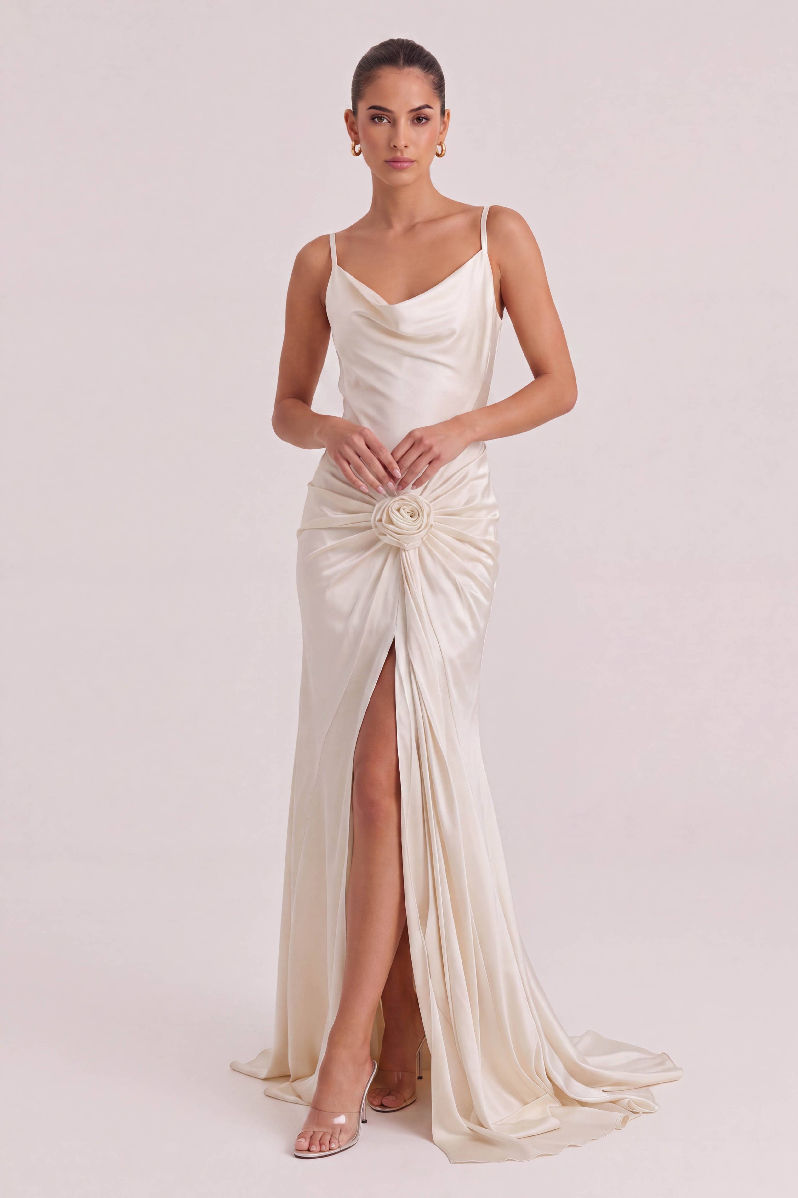 Elegant Floral Embellished Satin Draped Maxi Dress