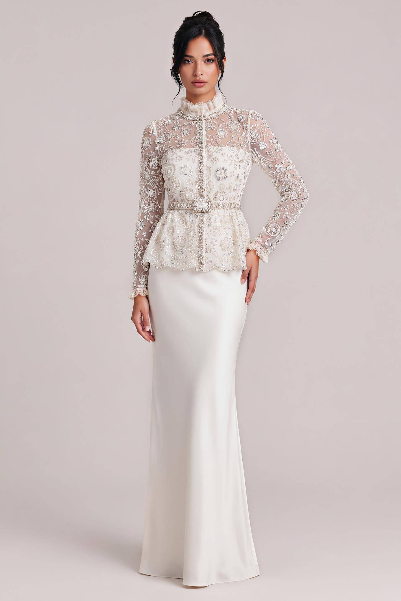 Heavy-duty Beaded Mesh Blouse Two-piece Satin Slim-fit Fishtail Long Wedding Dress