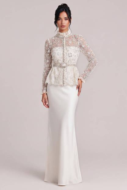 Heavy-duty Beaded Mesh Blouse Two-piece Satin Slim-fit Fishtail Long Wedding Dress