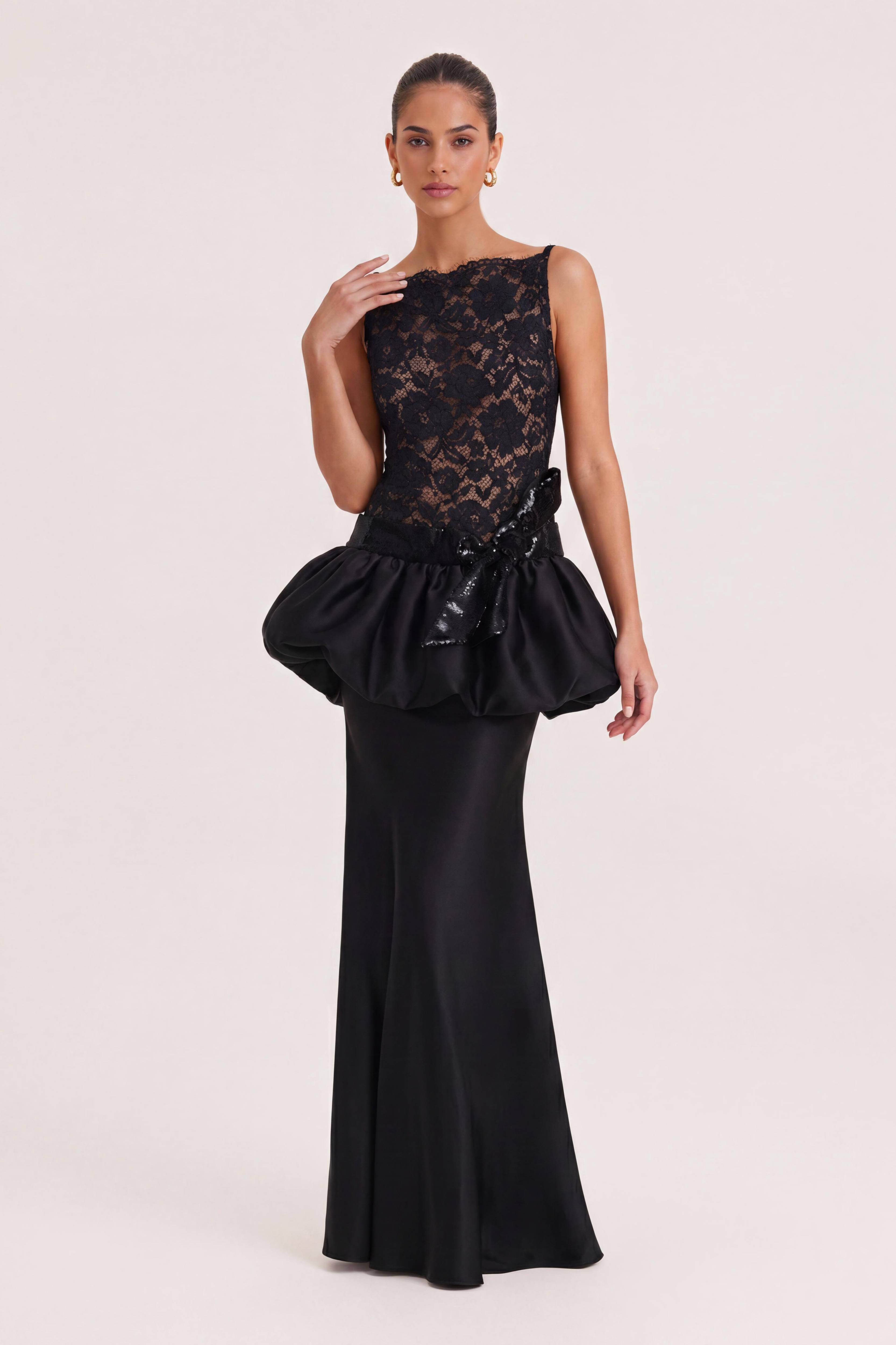 Black Sleeveless Lace Bubble Waist Fishtail Evening Dress Sequin Large Bow Satin Long Banquet Dress