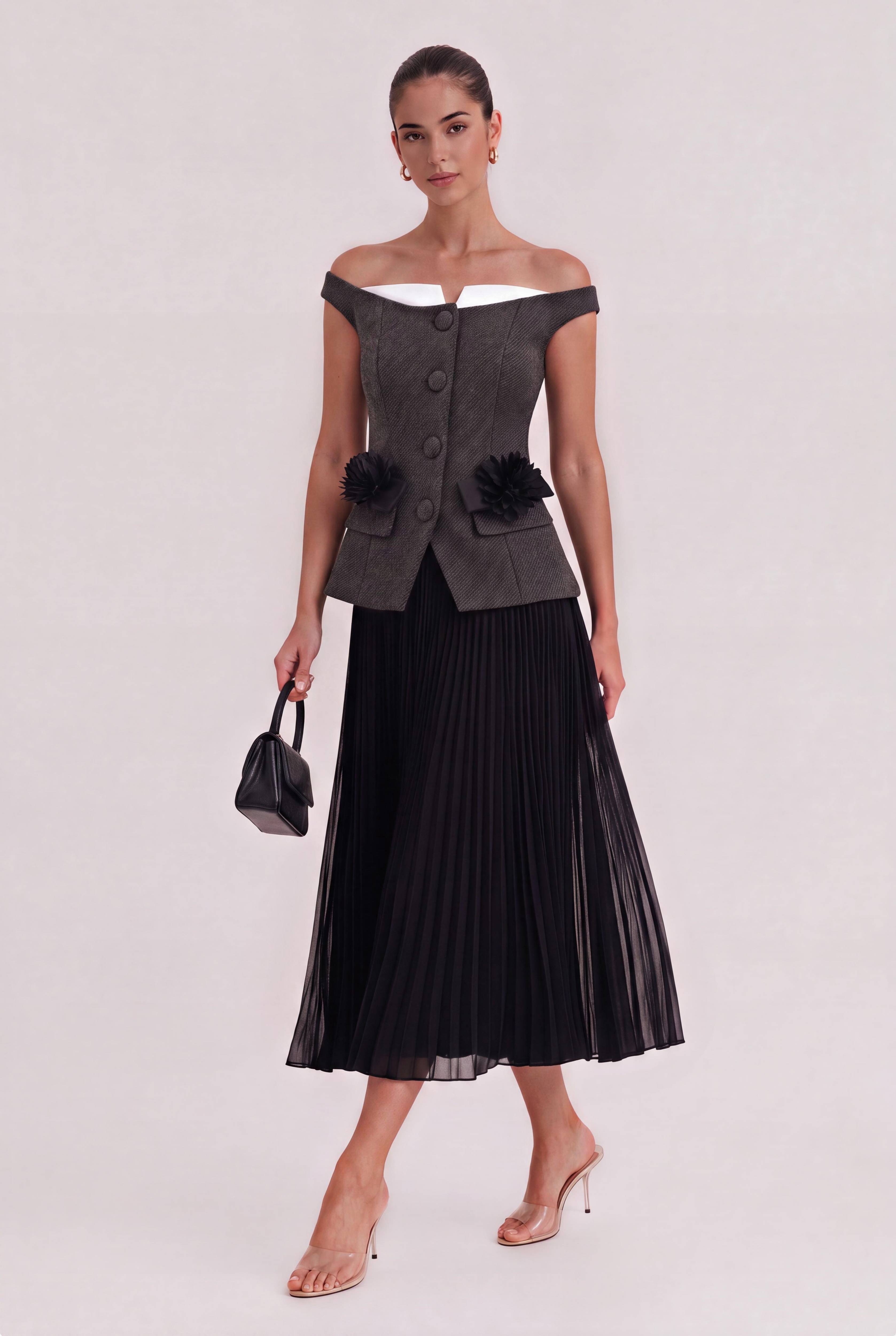 French Slim-Fit Flora Chiffon Pleated Midi Dress