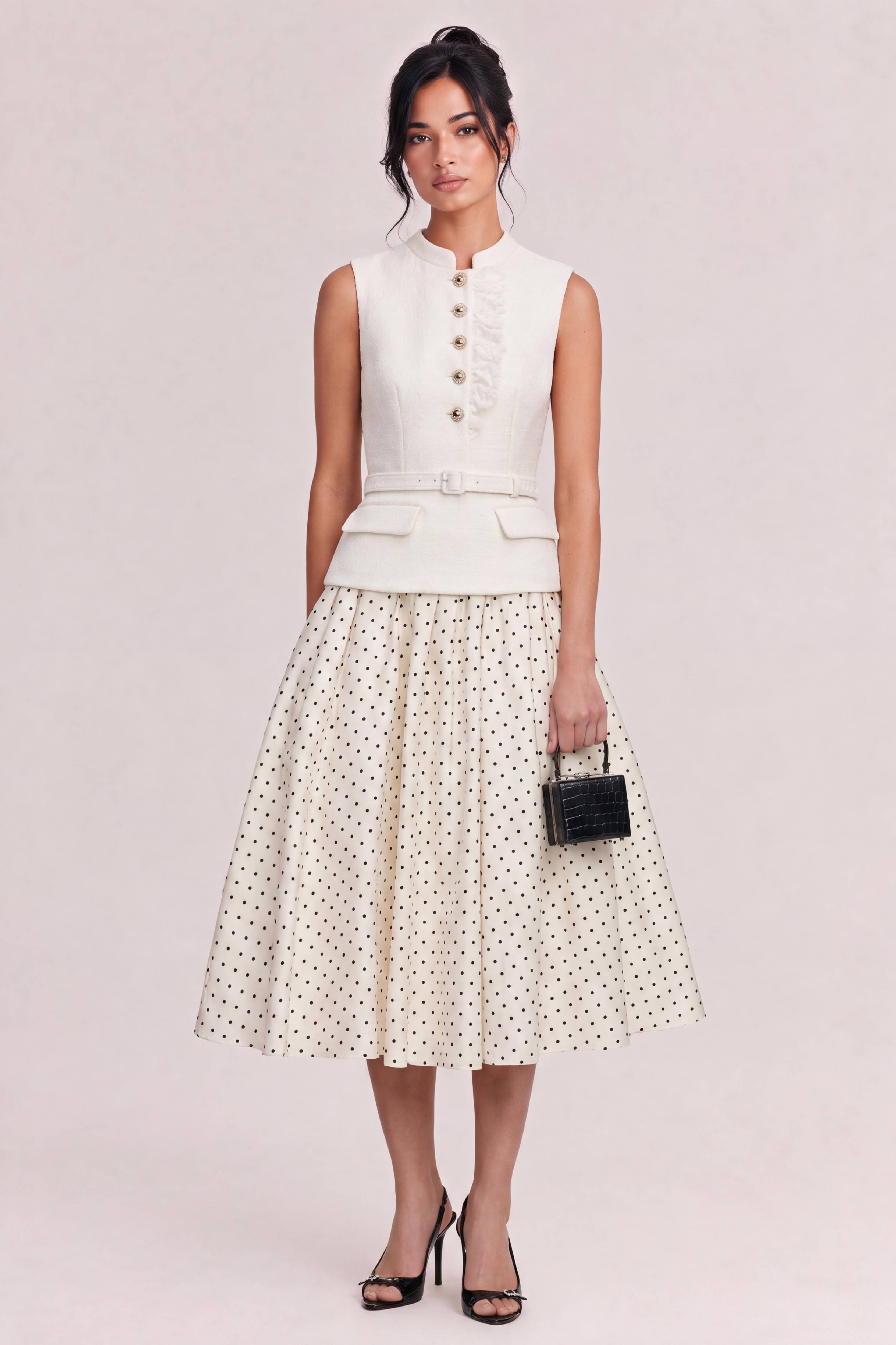 Chanel Style Sleeveless Collar Tight Waist Top Polo Dot Large Swing Dress