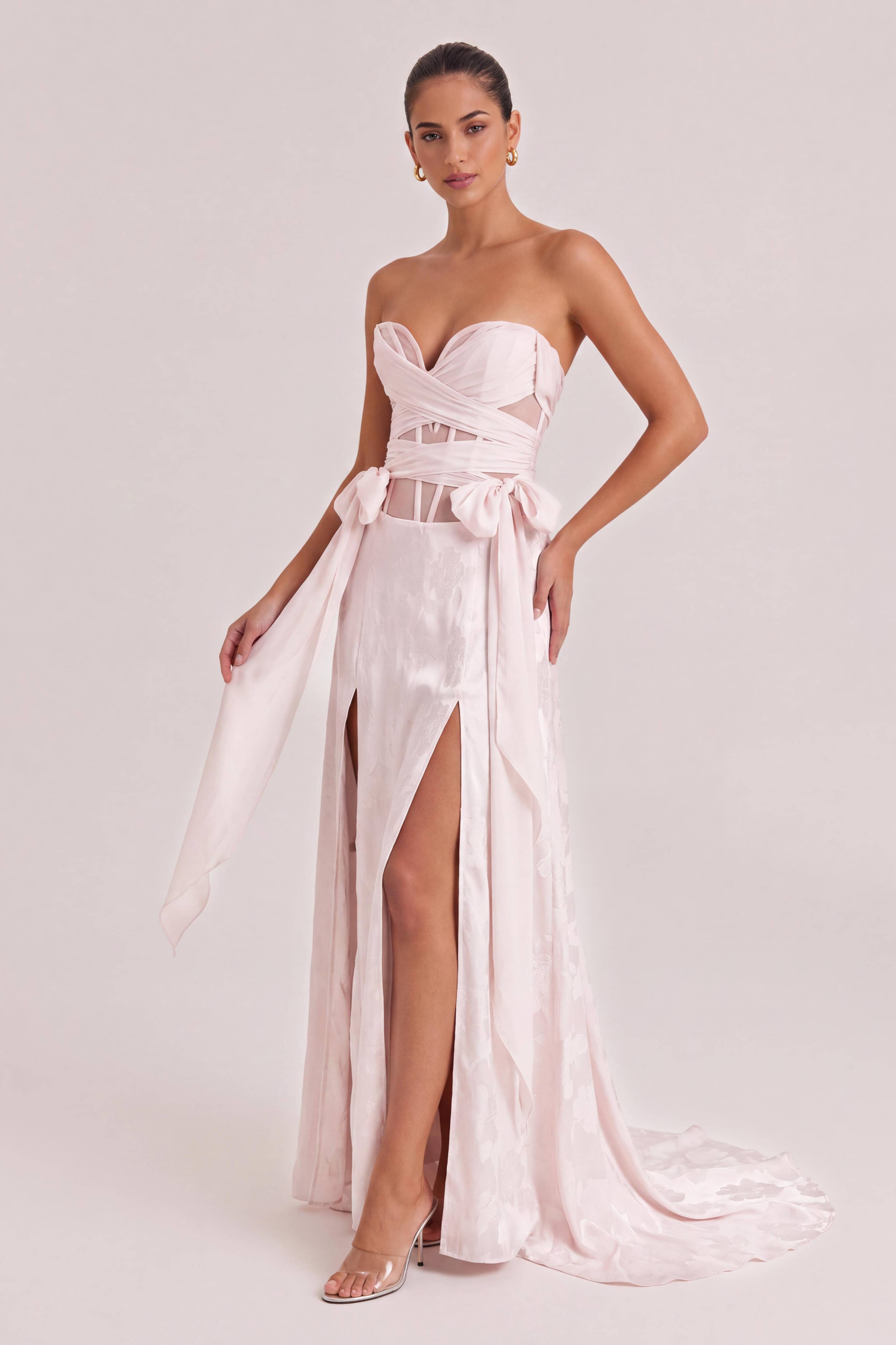 Naked Powder Tube-top Crossed Mesh Waist Bow High Split Trailing Jacquard Gown