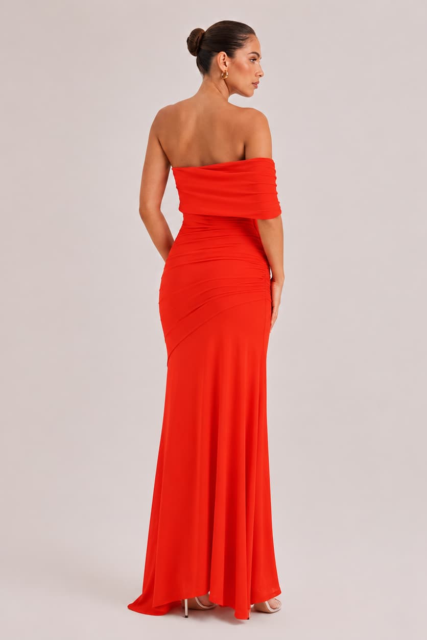 Elegance Effortless  Mesh Off Shoulder Ruched Stretch Maxi Dress