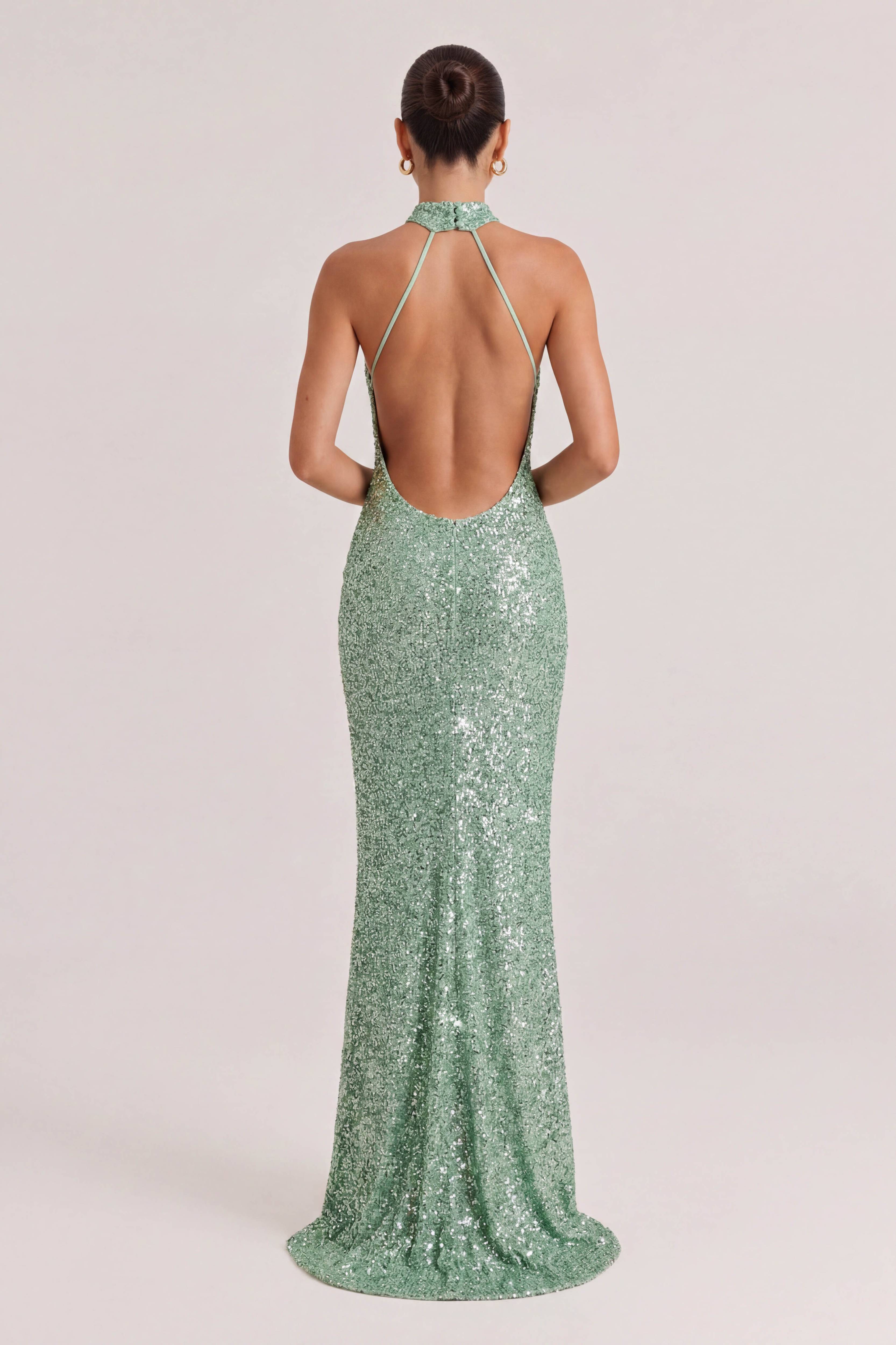 Elegant Halter Neck Sequined Maxi Dress