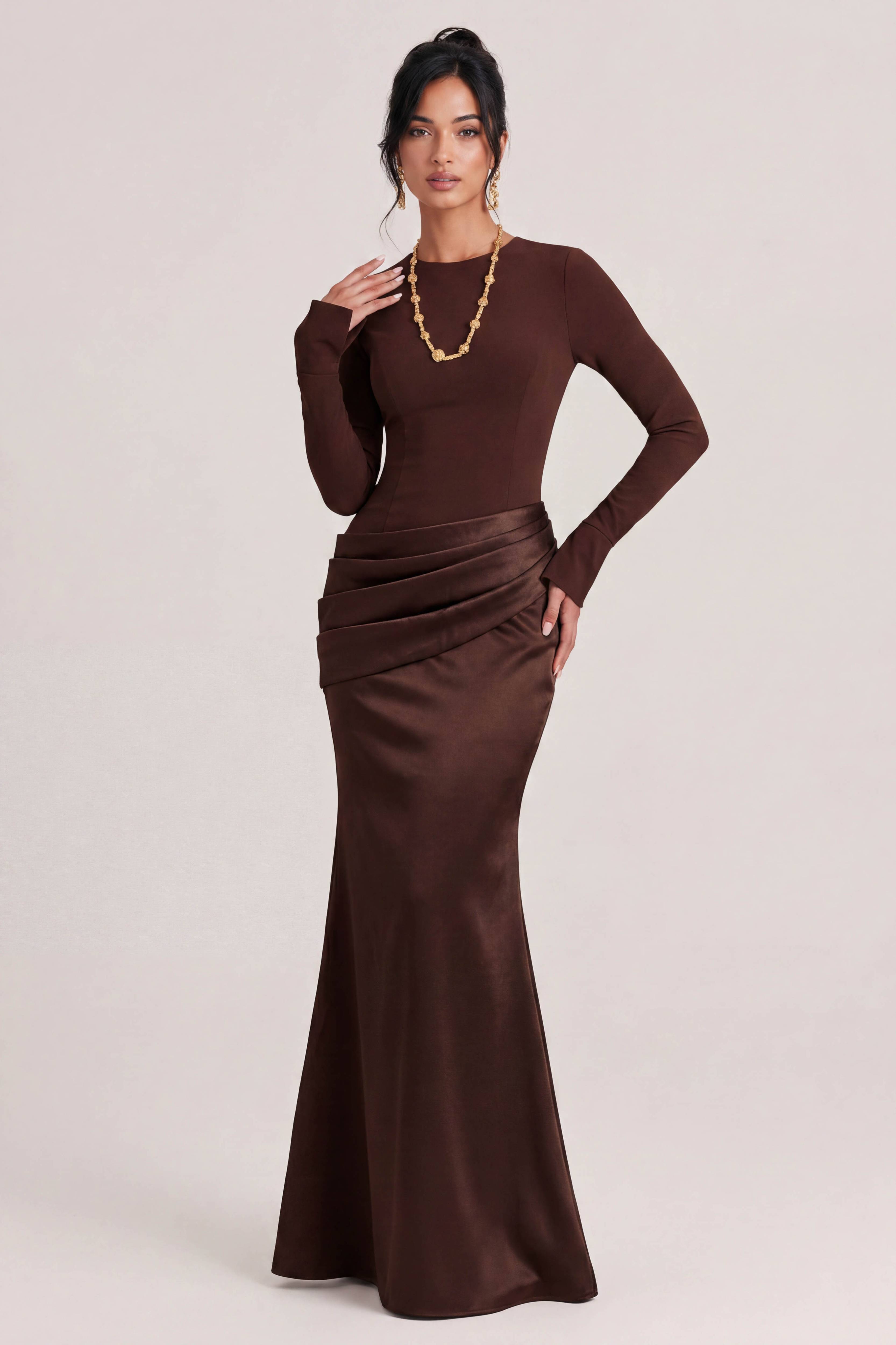 Elegant Long-Sleeved Draped Satin Maxi Dress