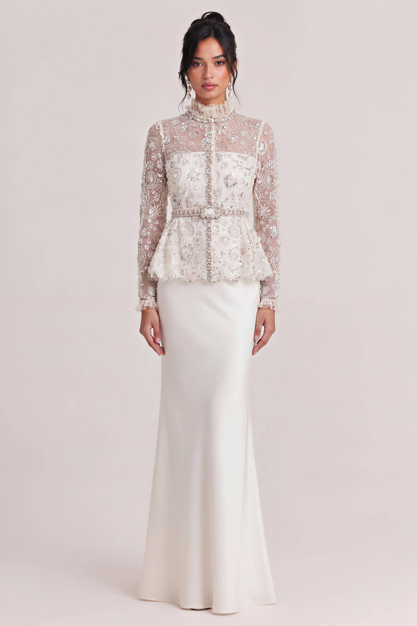 Heavy-duty Beaded Mesh Blouse Two-piece Satin Slim-fit Fishtail Long Wedding Dress