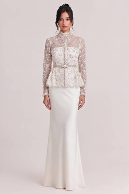 Heavy-duty Beaded Mesh Blouse Two-piece Satin Slim-fit Fishtail Long Wedding Dress