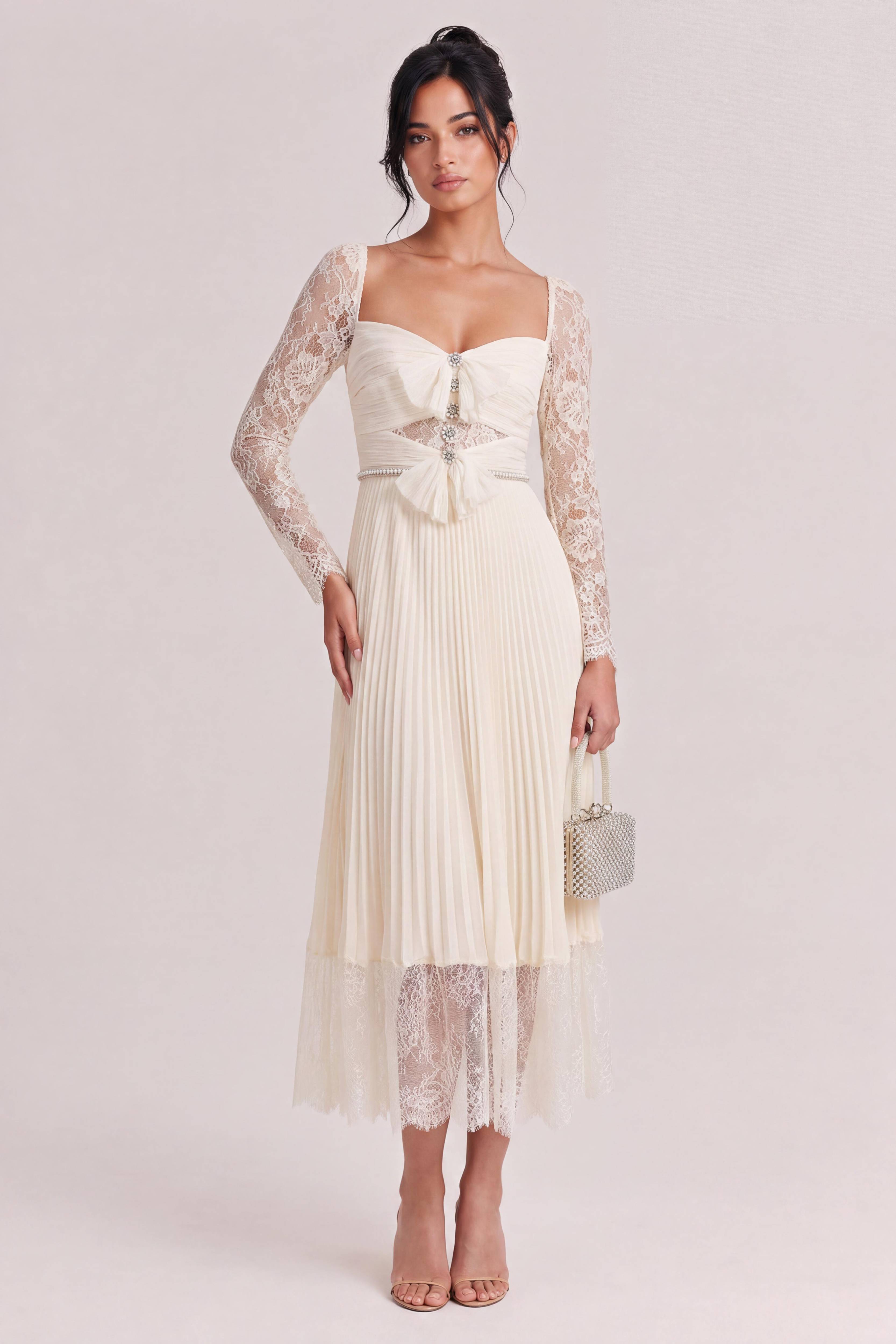 Rice White Lace Long Sleeve Square Neck Cutout Bow Pleated Midi Dress