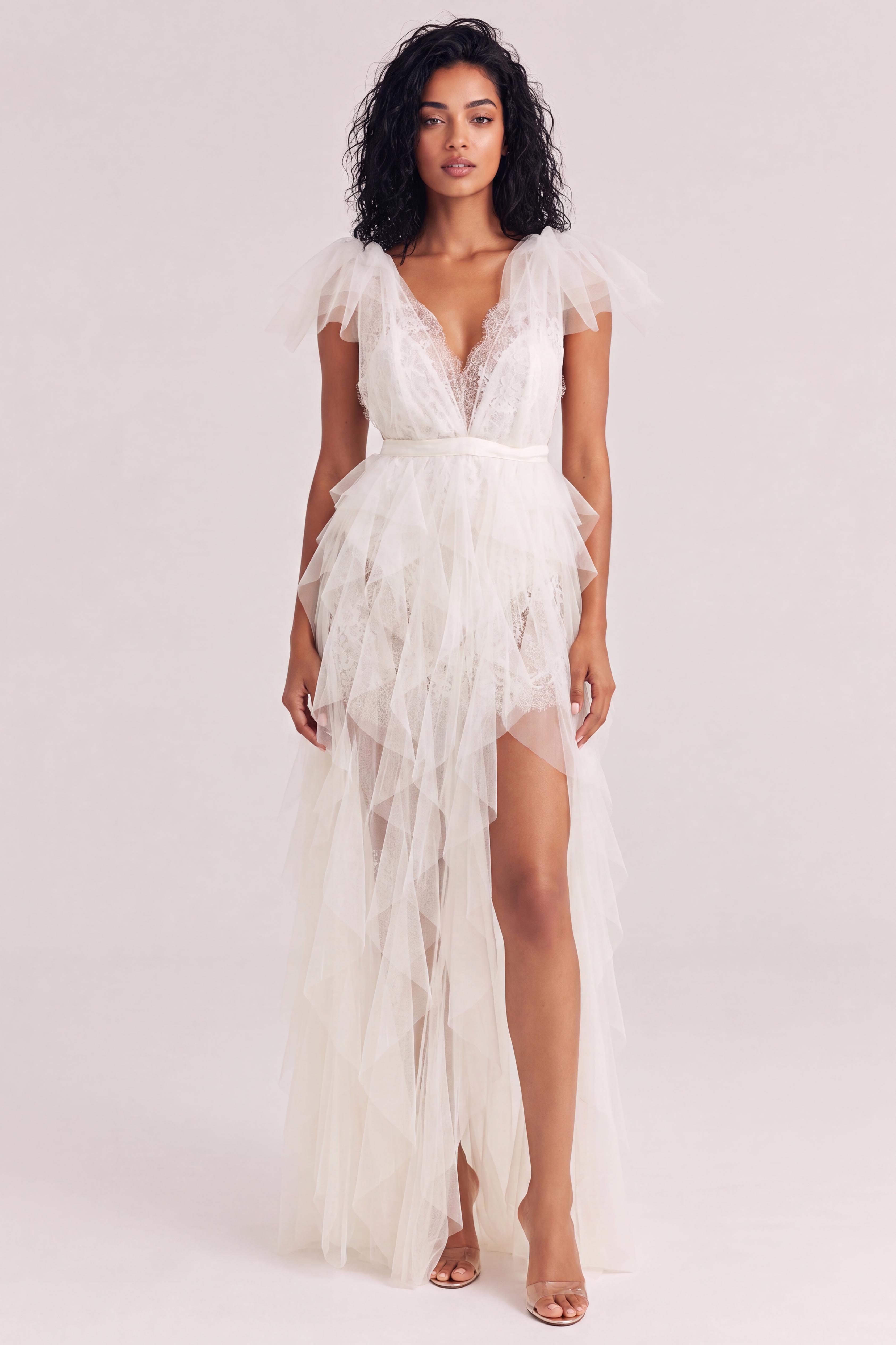 Deep V Lace Flying Sleeve Waist Irregular Split Multi-layer Mesh Long Wedding Dress