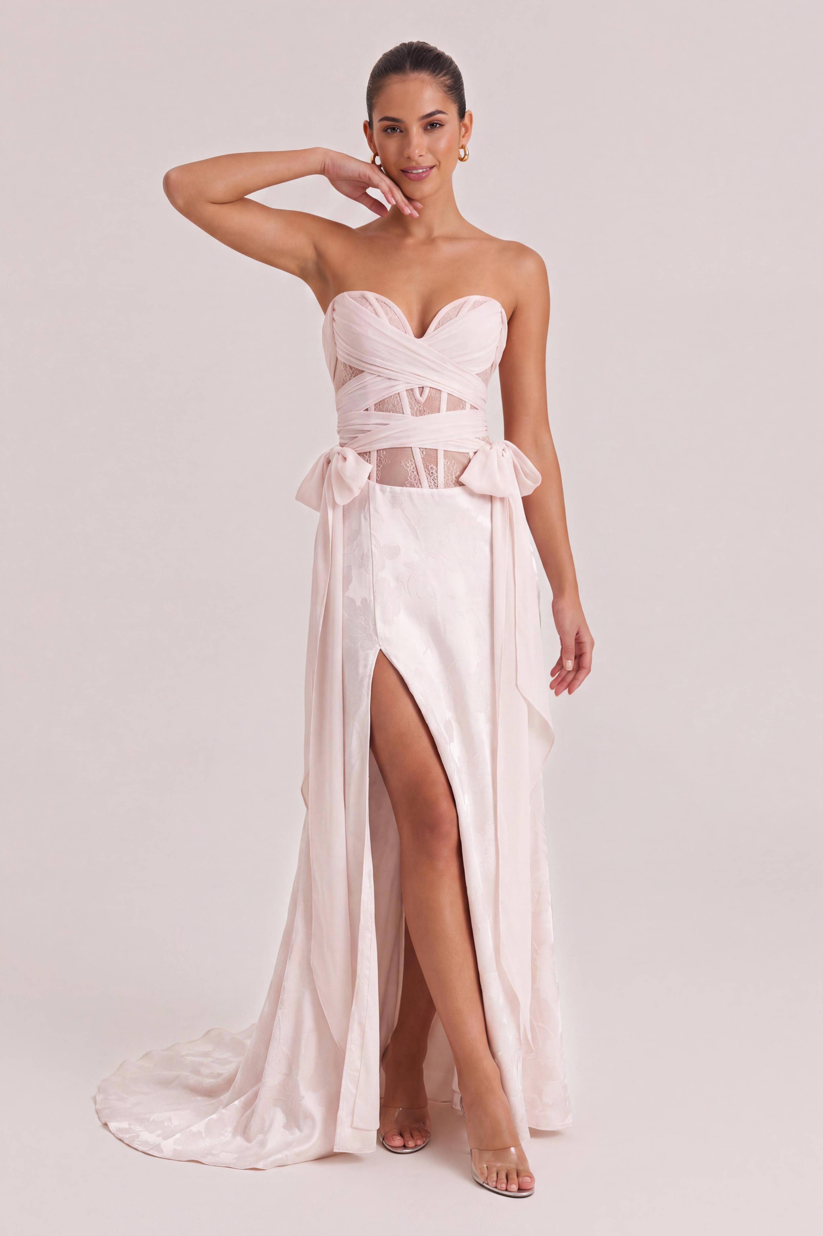Naked Powder Tube-top Crossed Mesh Waist Bow High Split Trailing Jacquard Gown
