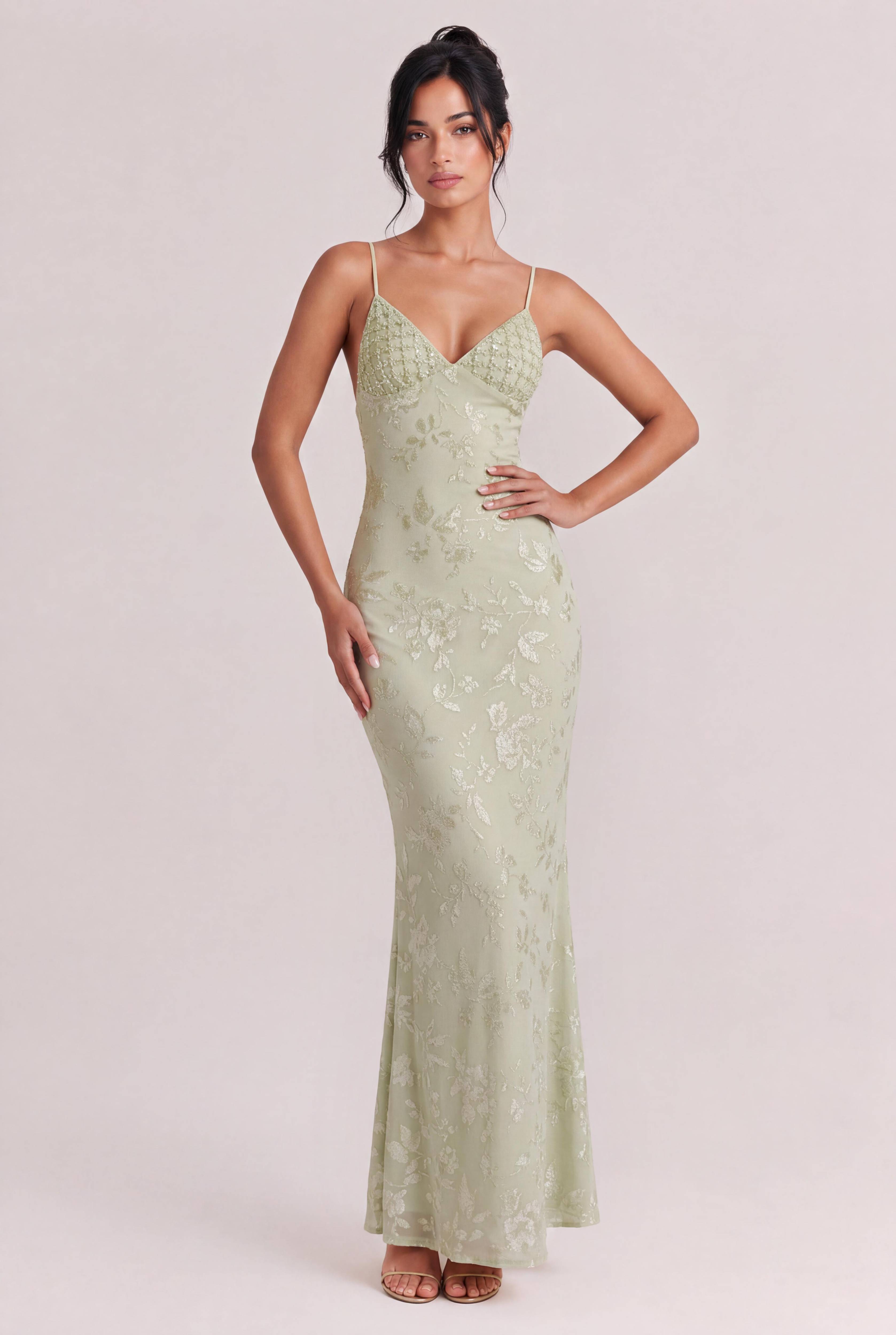 Light Green Flocking Floral Fine Sling V-neck Backless Slim-fit Fishtail Long Dress