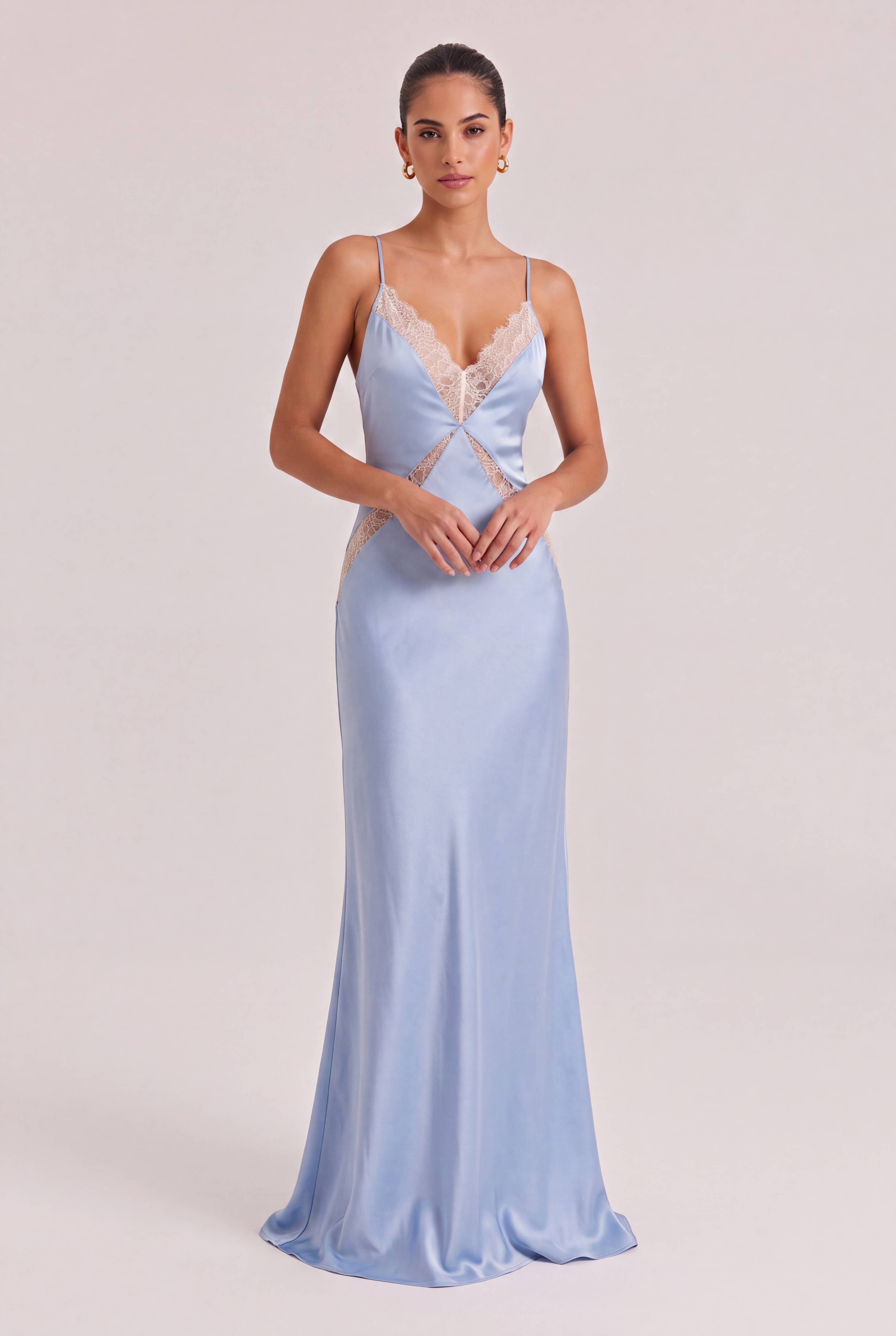Light Blue Satin Lace V-neck Thin Strap Tight Waist High Split Slim-fit Long Dress