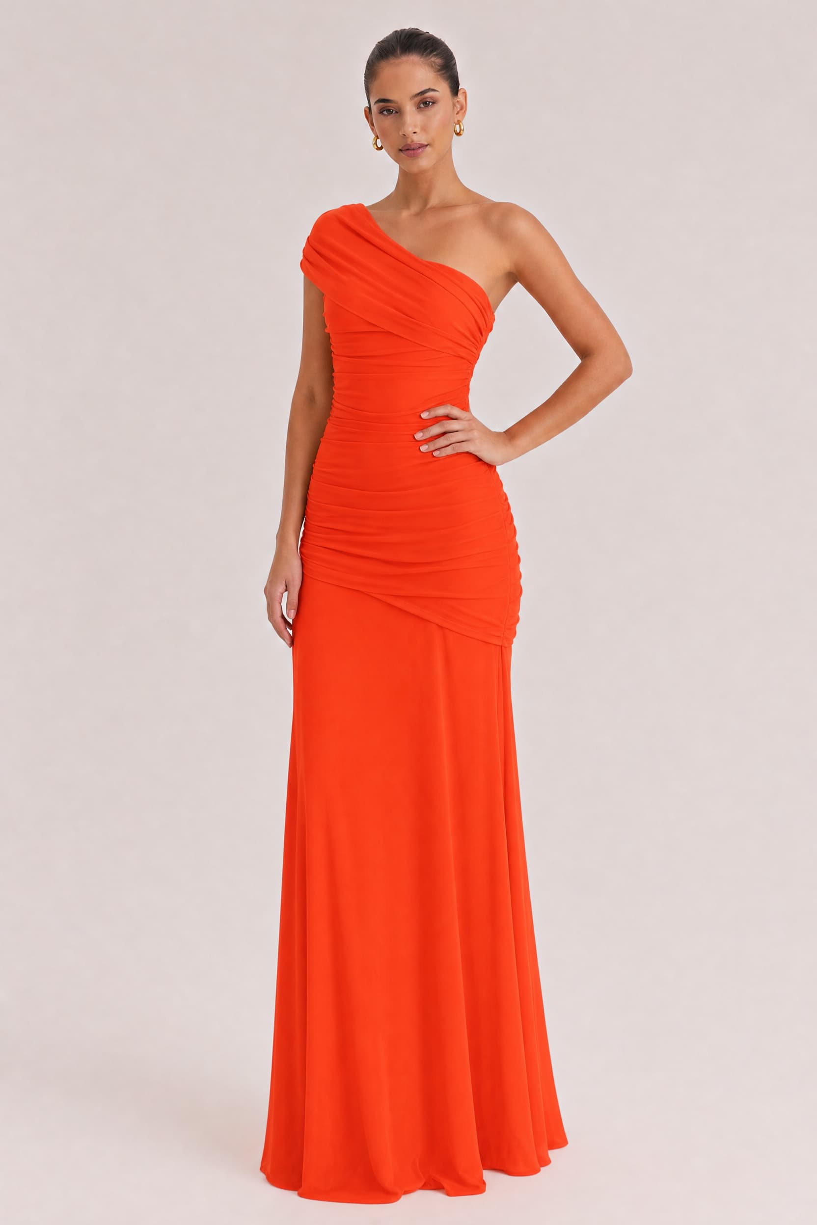 Elegance Effortless Mesh Off Shoulder Ruched Stretch Maxi Dress