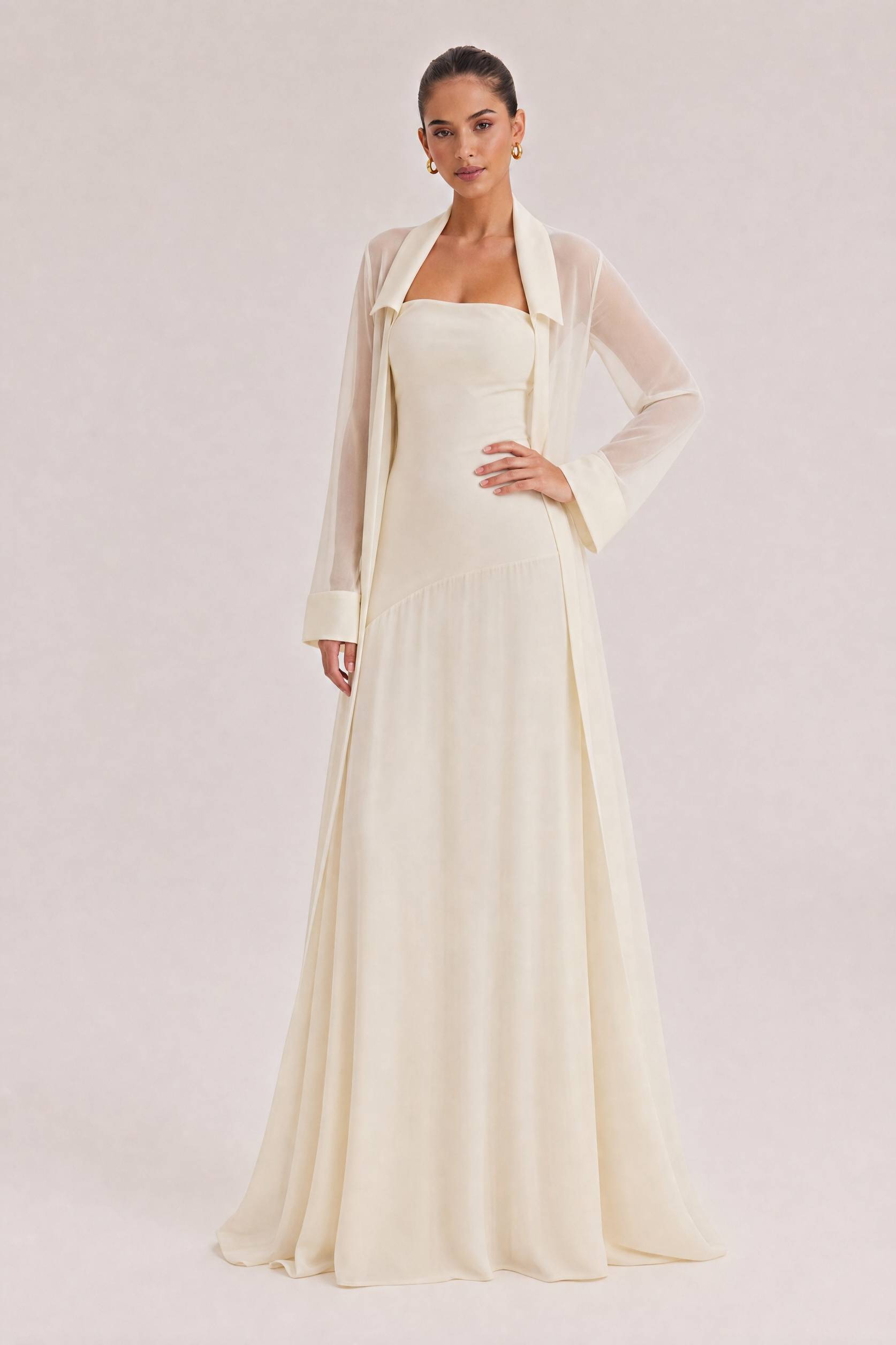 Elegant Satin Maxi Dress & Long Sheer Chiffon Cover-Up Two-Piece Set
