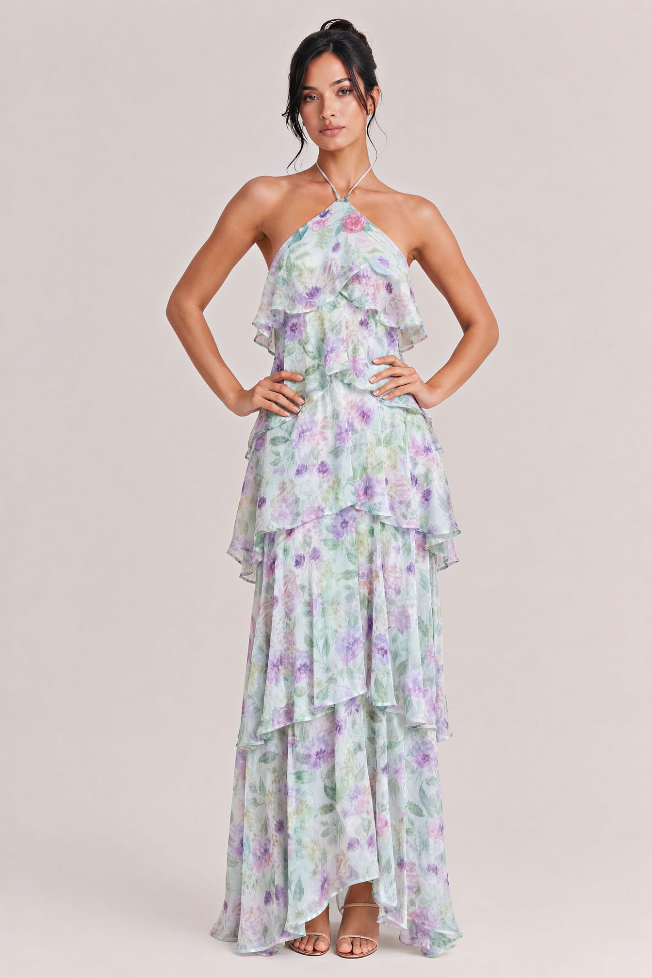 Halter Neck Multi-Layered Ruffle Floral Print Dress