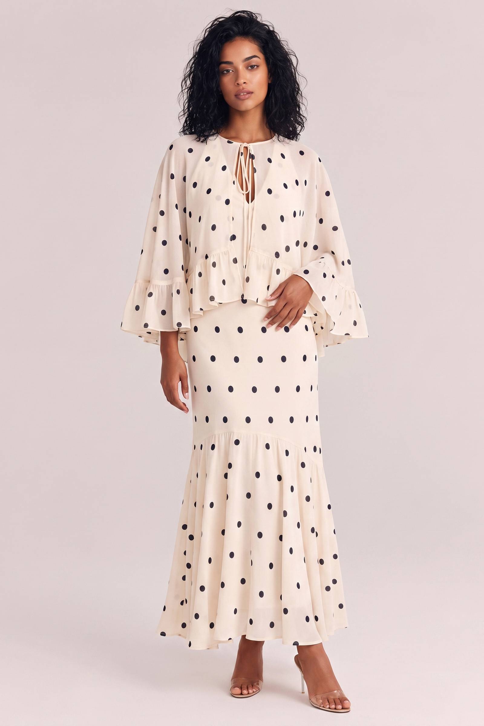 Elegant Polka Dot Ruffle Layered Chiffon Cape Maxi Dress