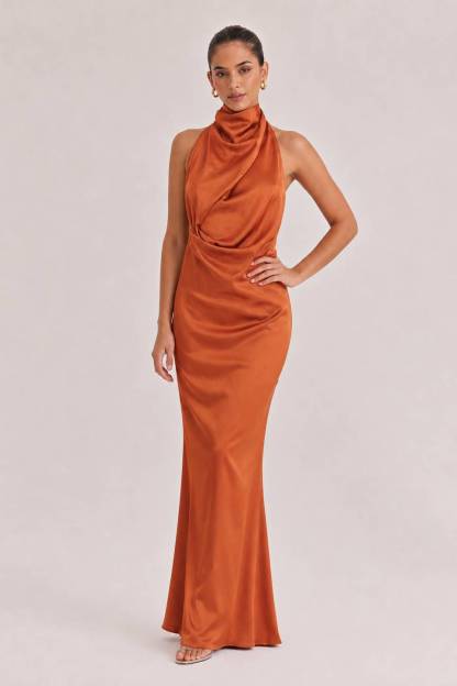 Elegant Draped Neckline Exquisite Satin Maxi Dress