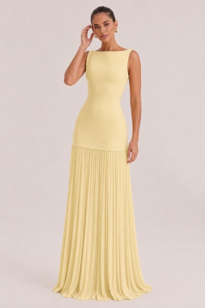 Elegant Pleated Classic Boat Neck Pleated Maxi Dress