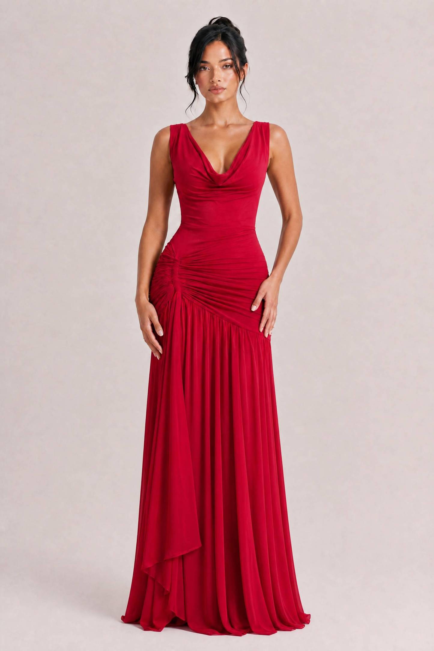 Sexy Cowl Neck Ruched Maxi Dress