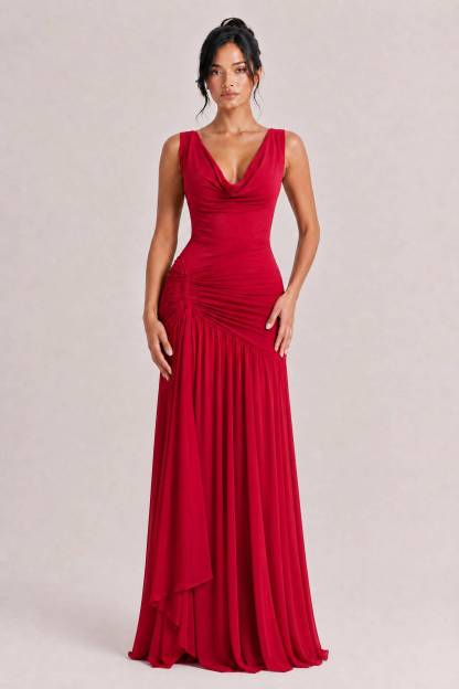 Sexy Cowl Neck Ruched Maxi Dress
