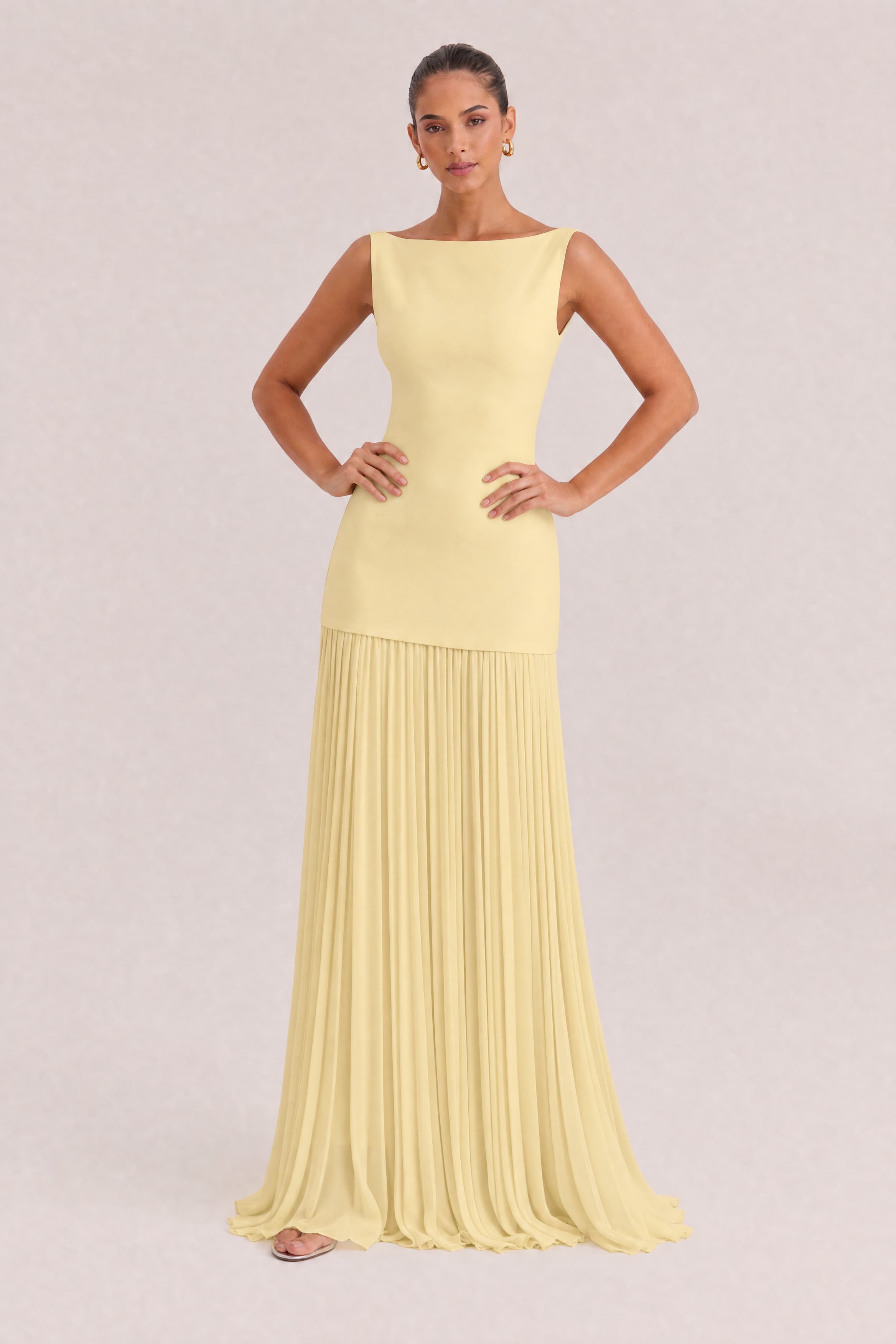 Elegant Pleated Classic Boat Neck Pleated Maxi Dress