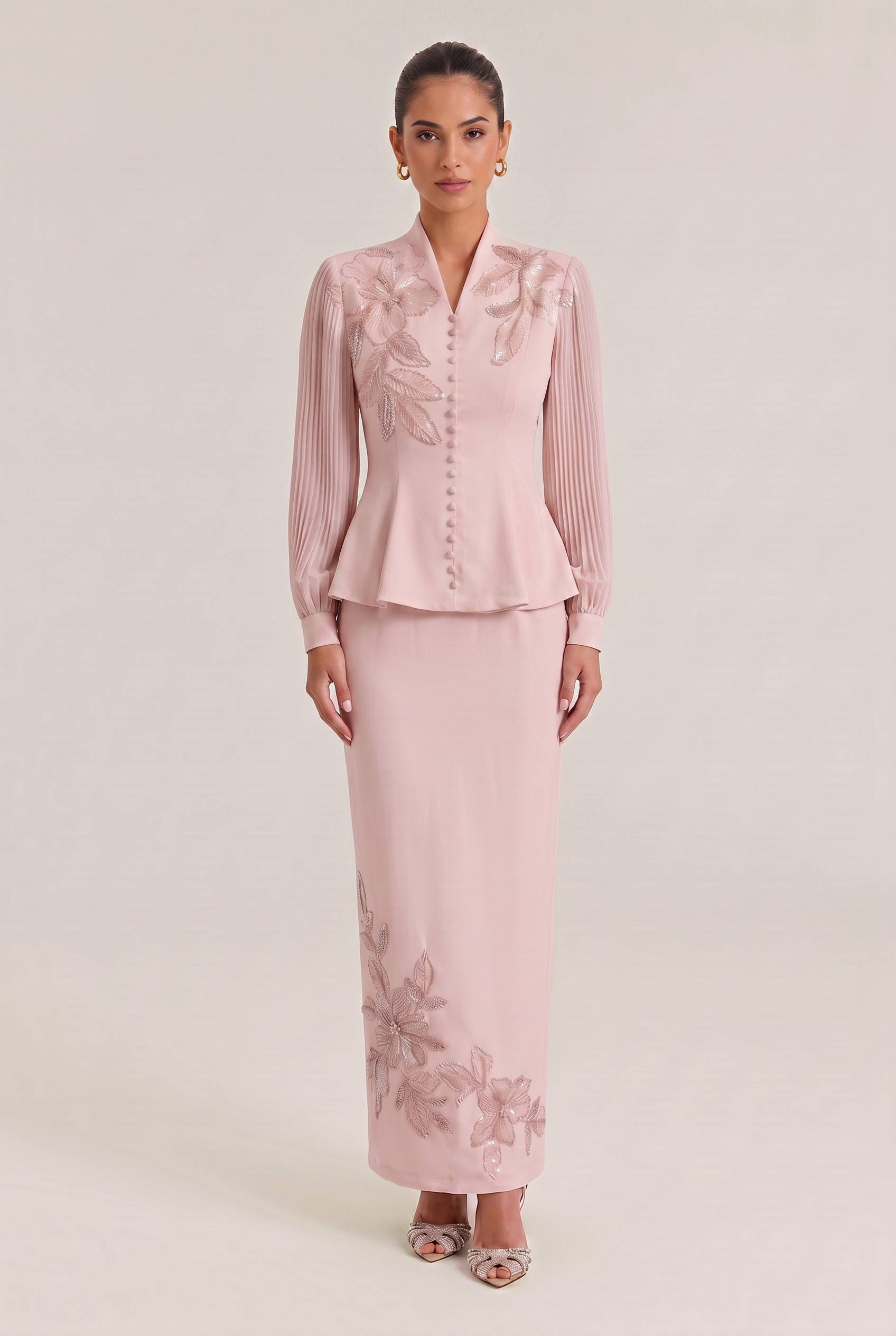 Embroidered Beaded Flower Trim French Elegant Slim Two-Piece Dress Set