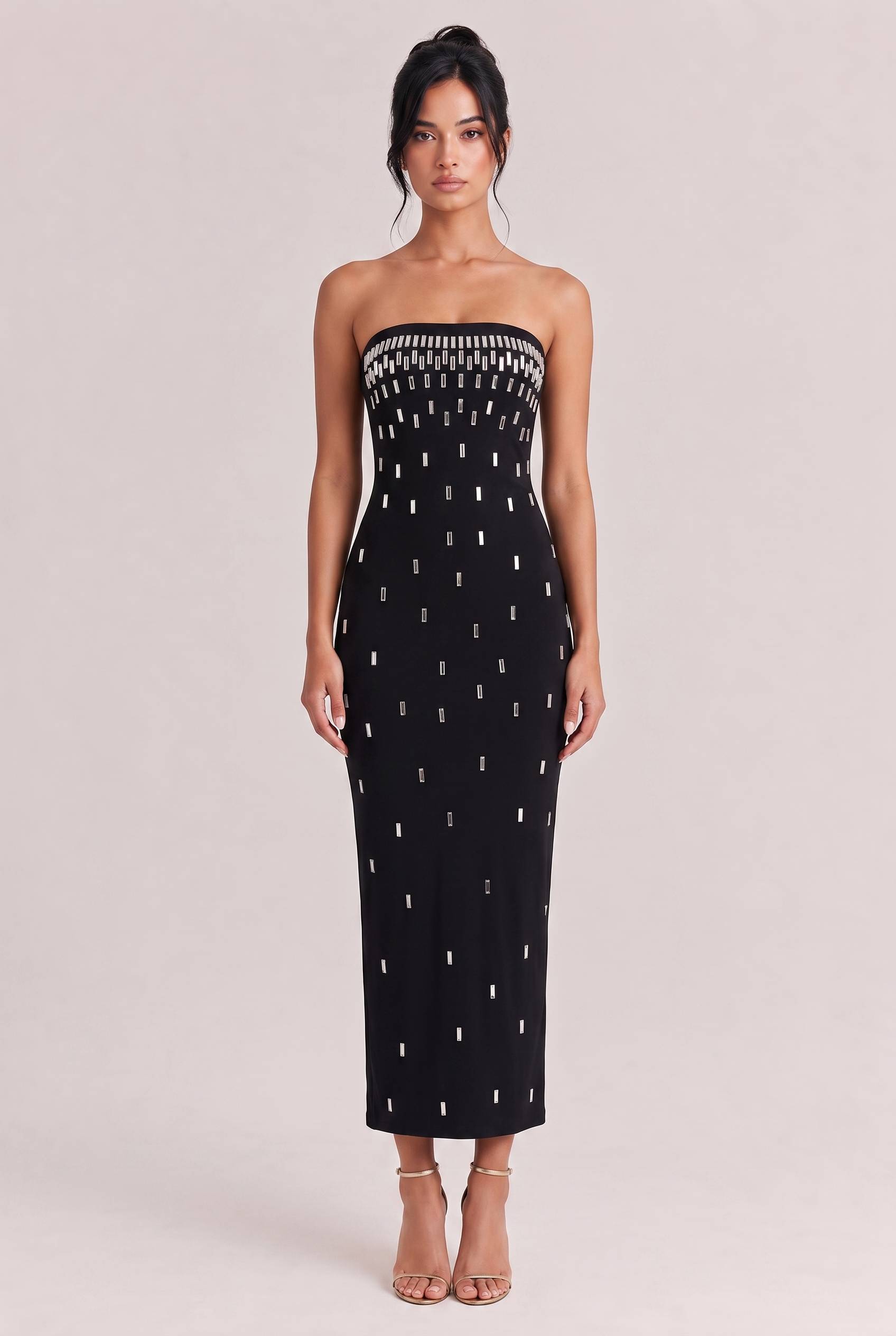 Black Strapless Silver Long Rhinestone Slim-fit Hip Long Dress