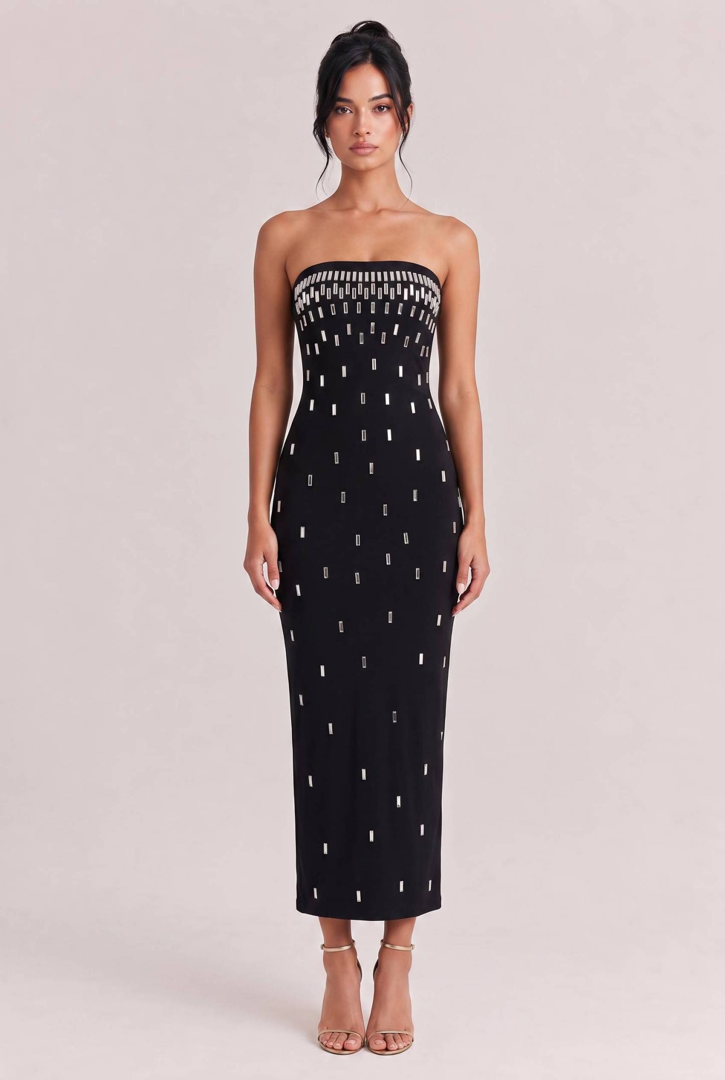 Black Strapless Silver Long Rhinestone Slim-fit Hip Long Dress