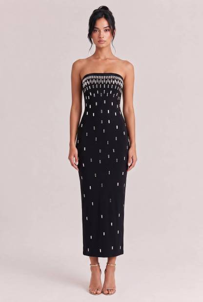 Black Strapless Silver Long Rhinestone Slim-fit Hip Long Dress