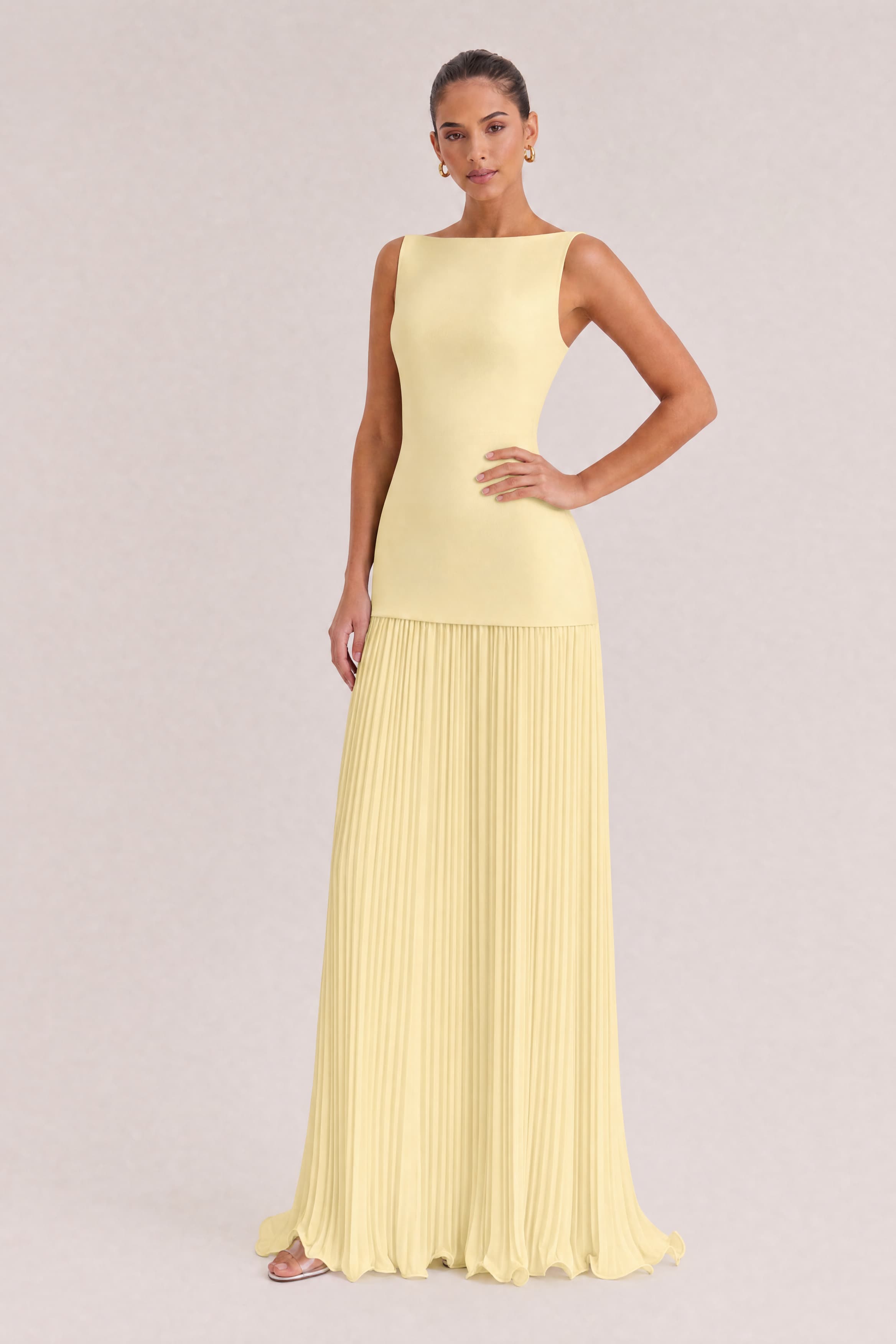 Elegant Pleated Classic Boat Neck Pleated Maxi Dress