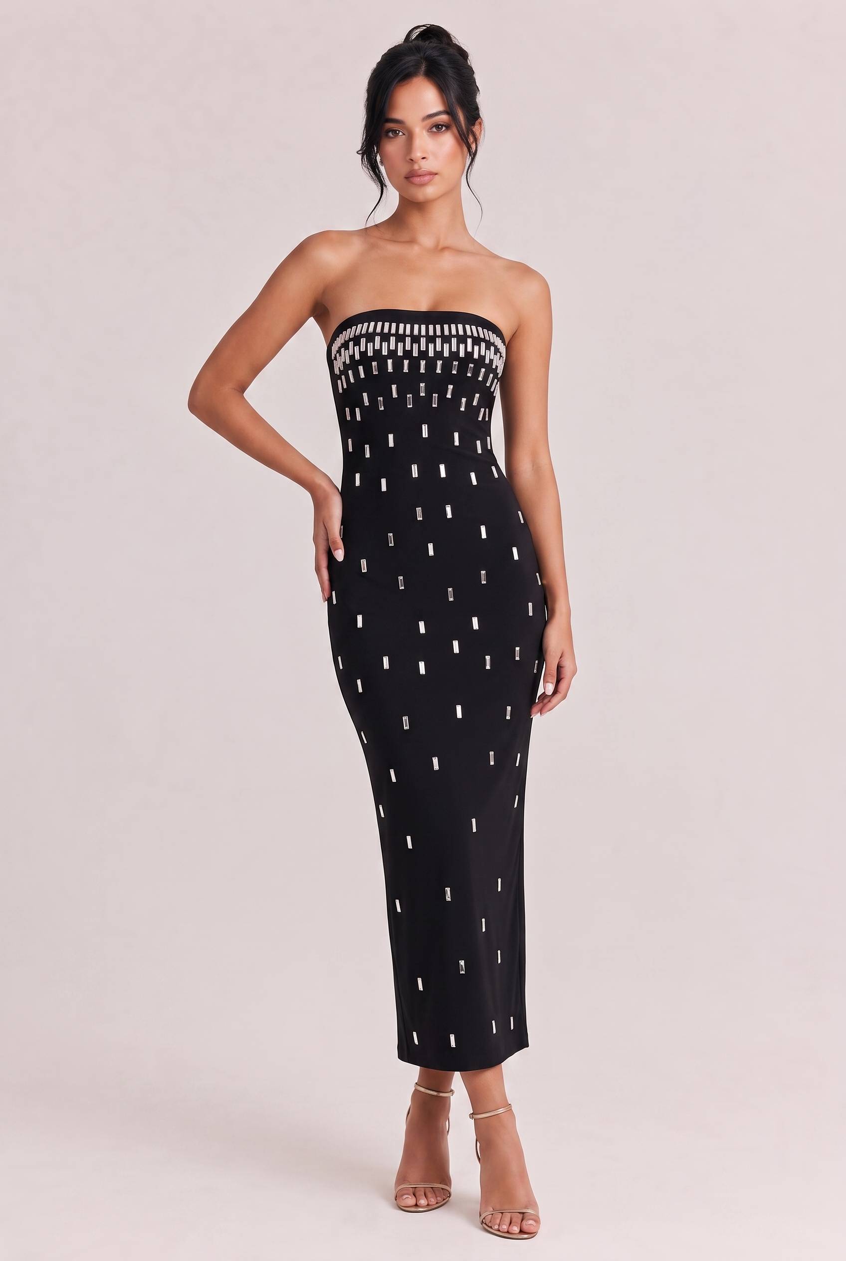 Black Strapless Silver Long Rhinestone Slim-fit Hip Long Dress