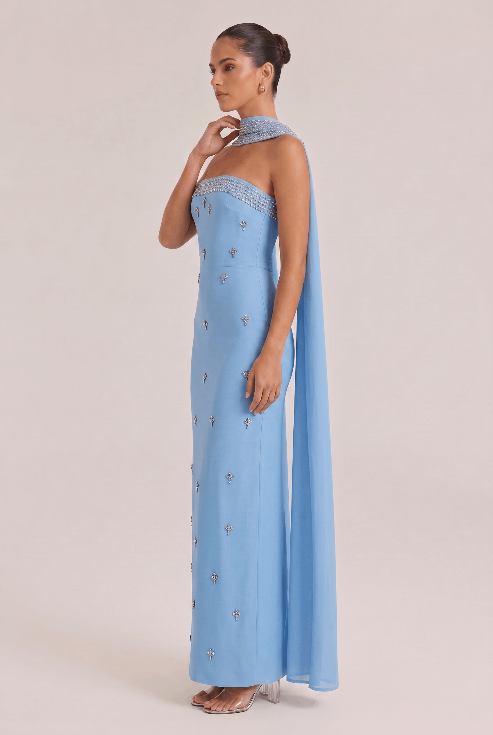 Sky Blue Strapless Nail Drill Long Dress