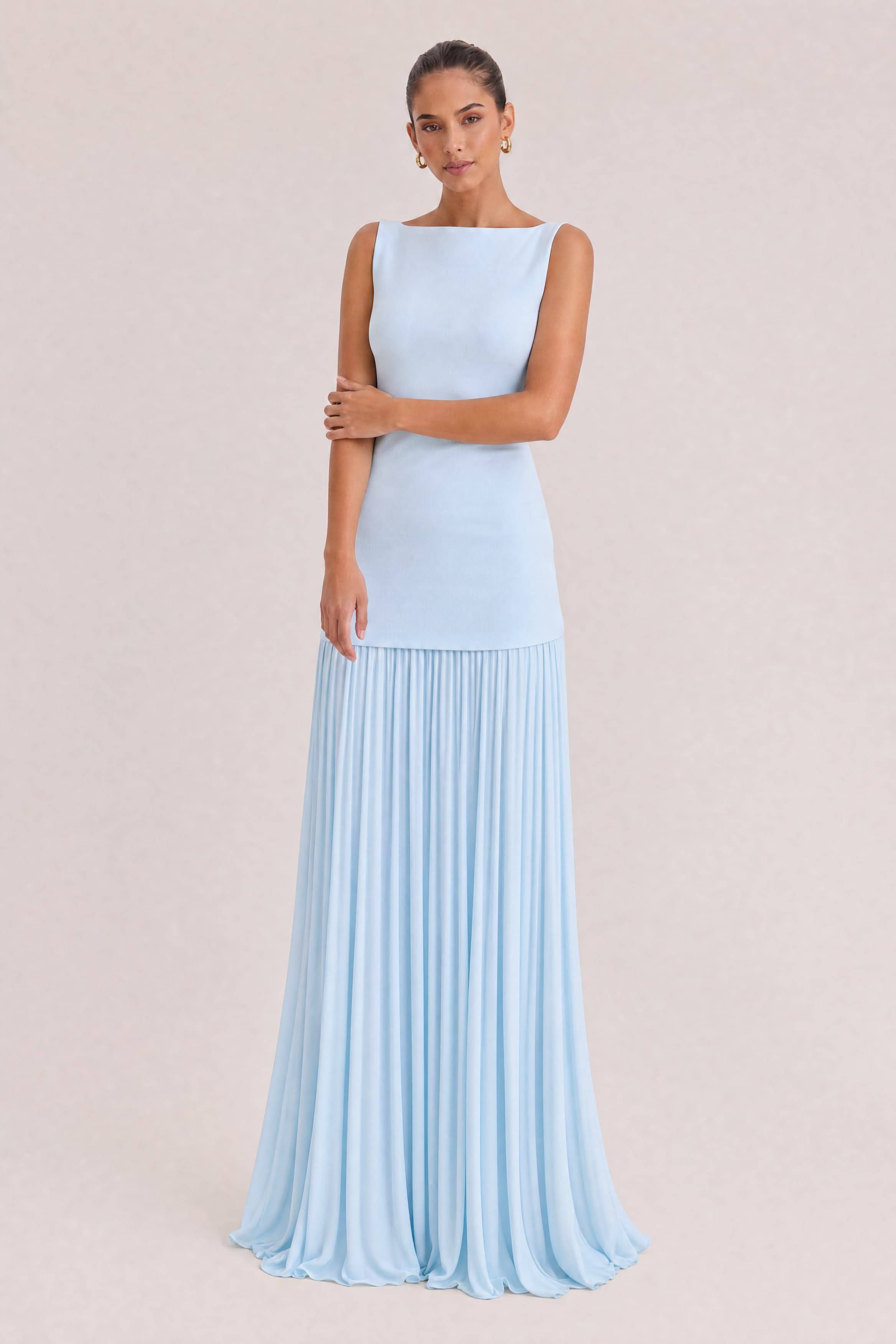 Elegant Pleated Classic Boat Neck Pleated Maxi Dress