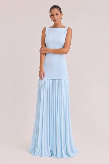 Elegant Pleated Classic Boat Neck Pleated Maxi Dress
