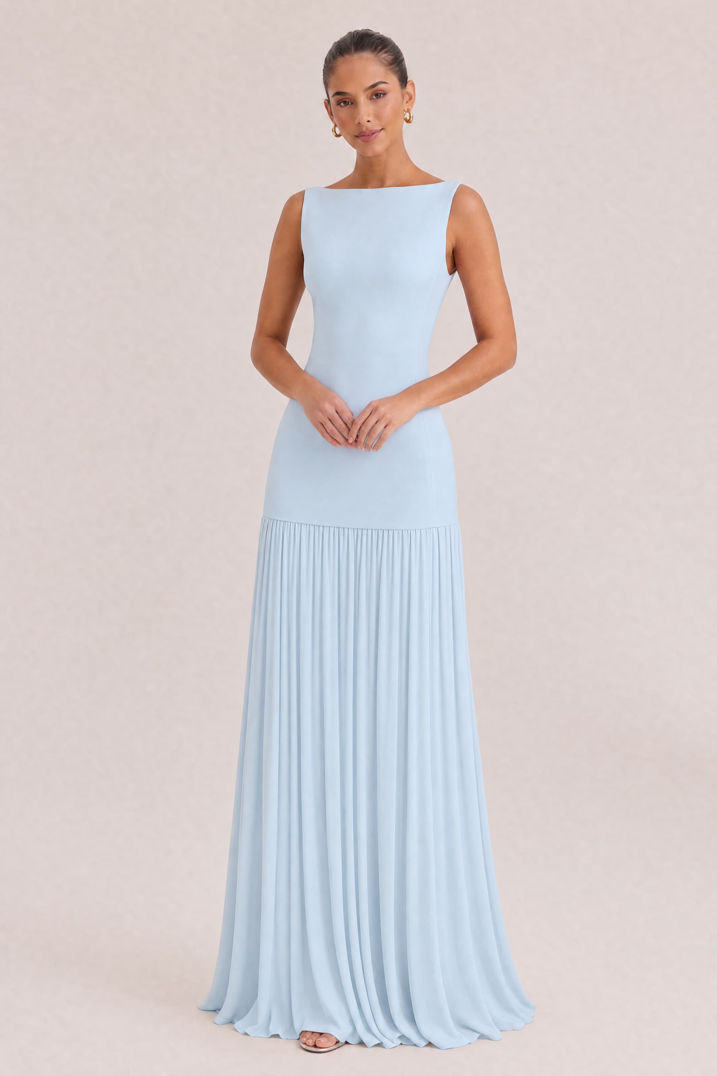 Elegant Pleated Classic Boat Neck Pleated Maxi Dress
