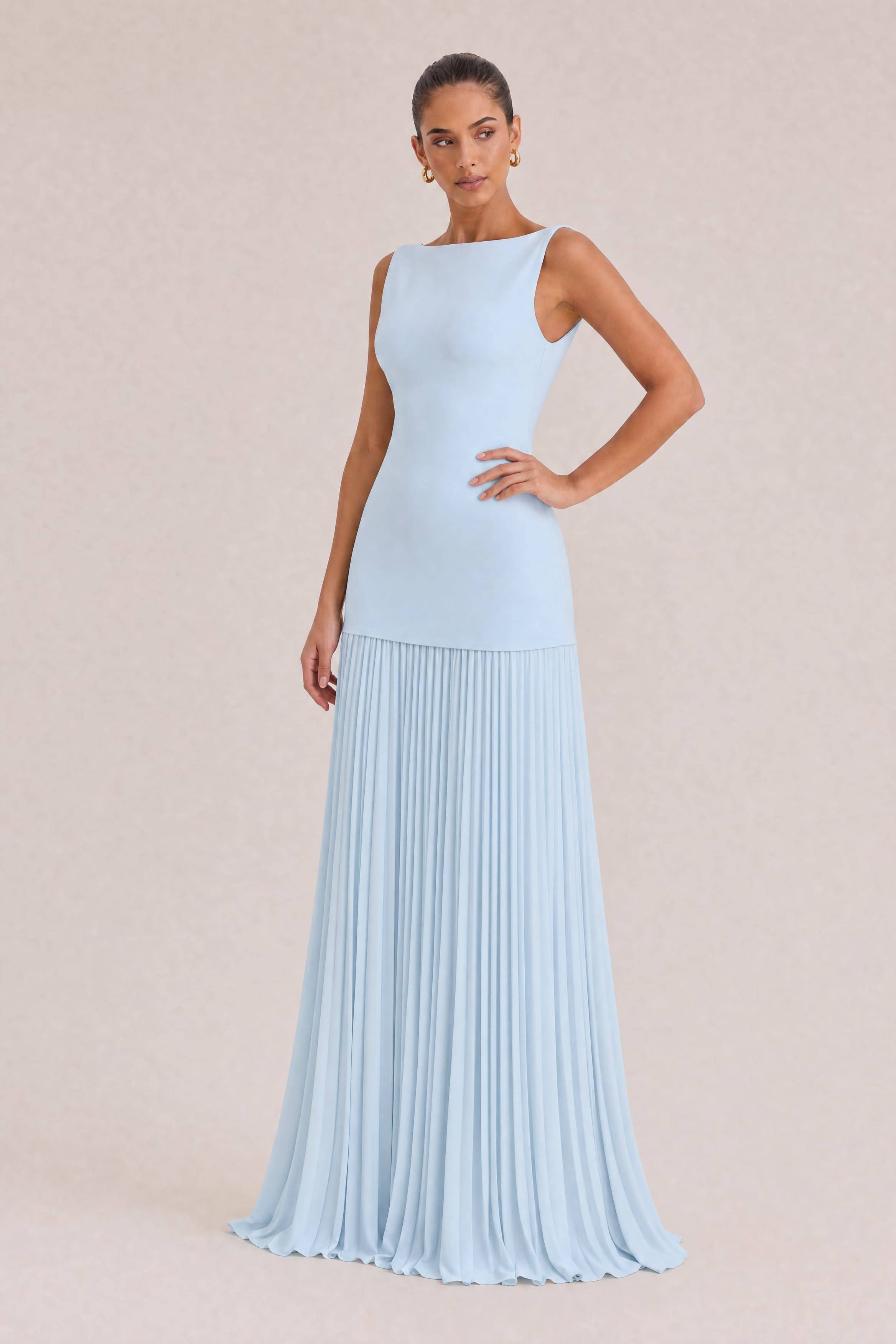 Elegant Pleated Classic Boat Neck Pleated Maxi Dress