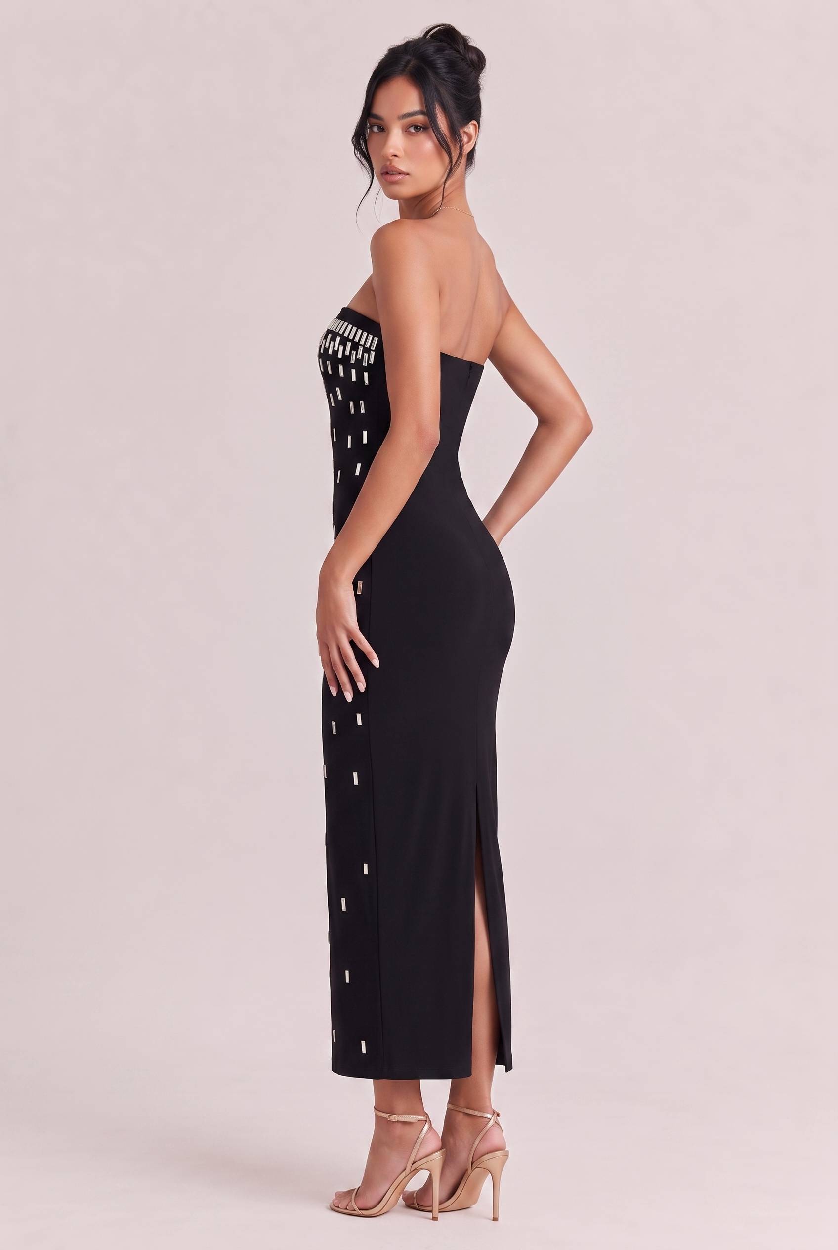 Black Strapless Silver Long Rhinestone Slim-fit Hip Long Dress