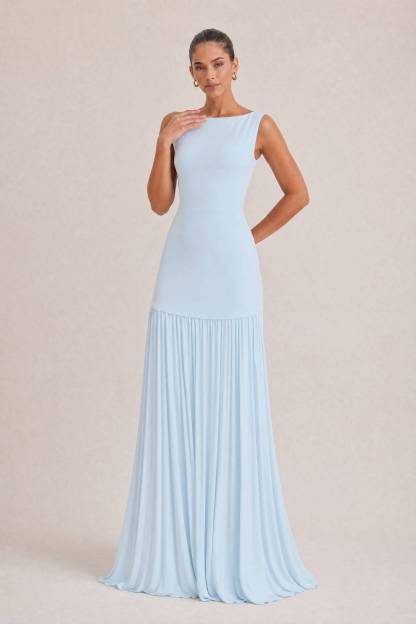Elegant Pleated Classic Boat Neck Pleated Maxi Dress