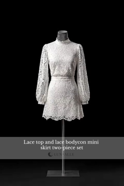 French Retro Hollow High Neck Puff Sleeve Lace Set