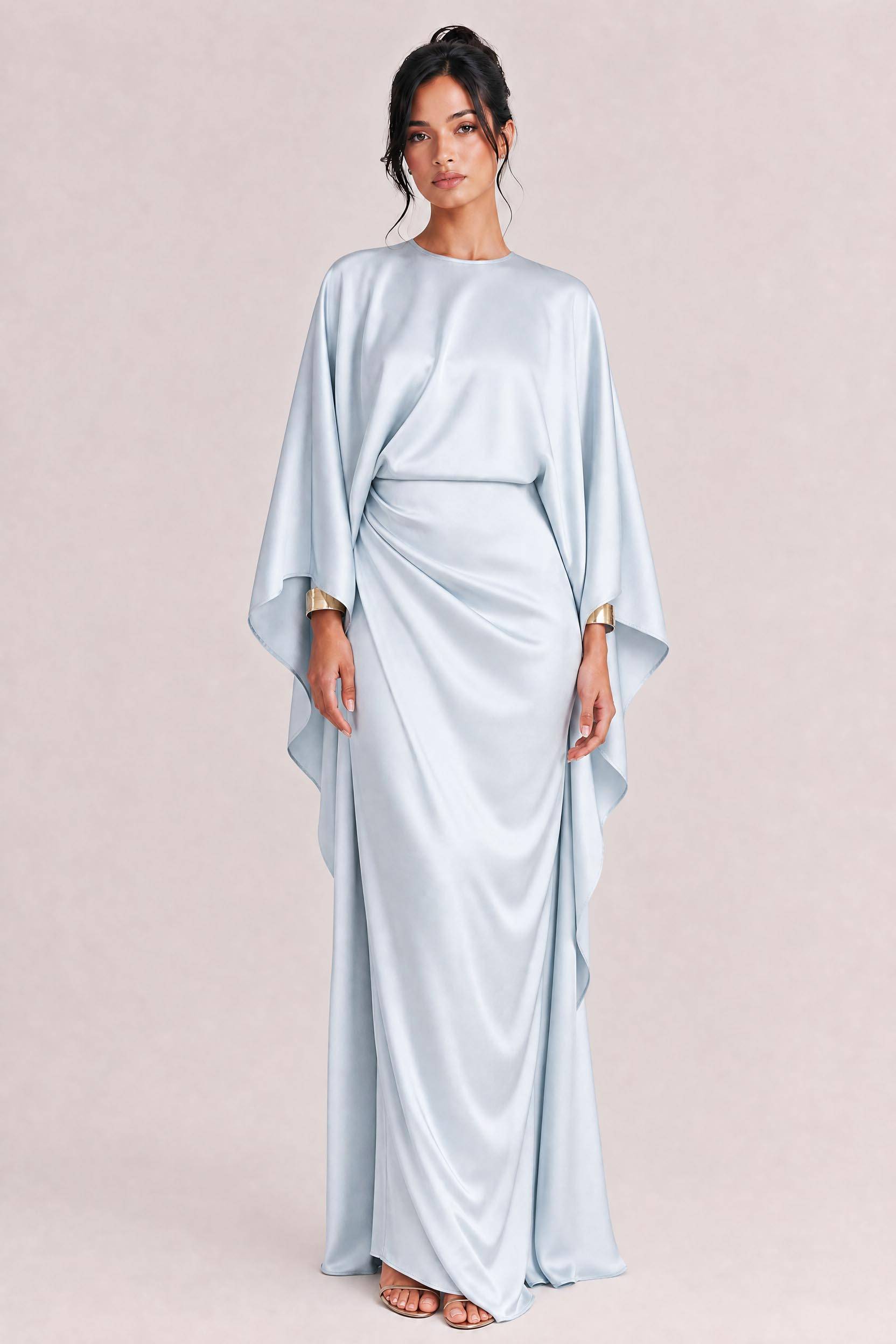 Elegant Satin Pleated Batwing Sleeve Maxi Dress
