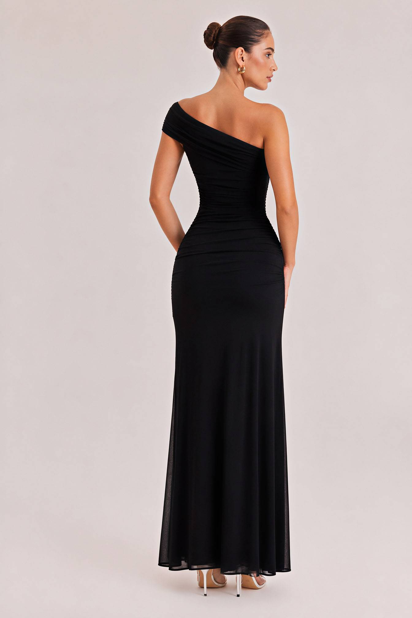 Elegance Effortless  Mesh Off Shoulder Ruched Stretch Maxi Dress