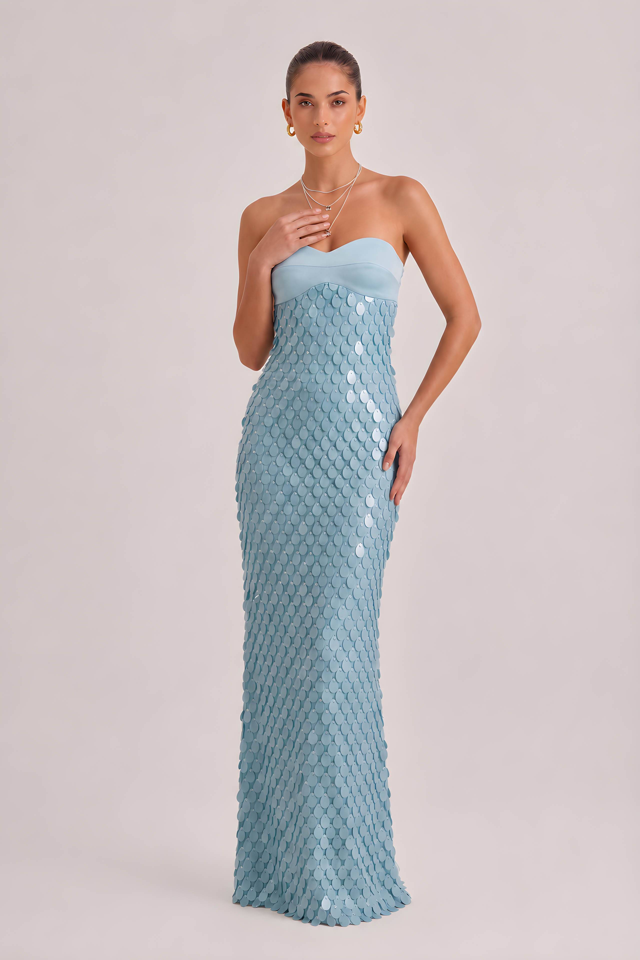 Elegant Strapless Lace Sequined Maxi Dress