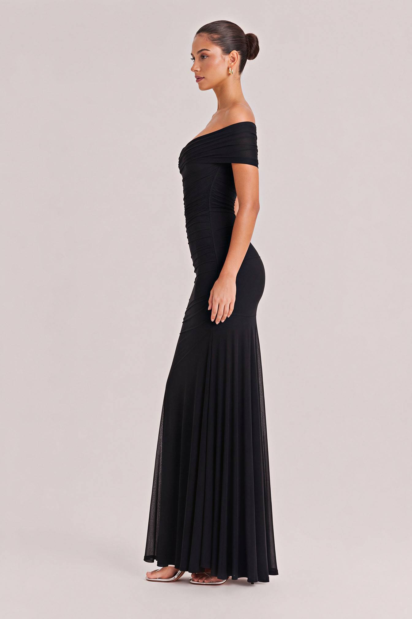 Elegance Effortless  Mesh Off Shoulder Ruched Stretch Maxi Dress